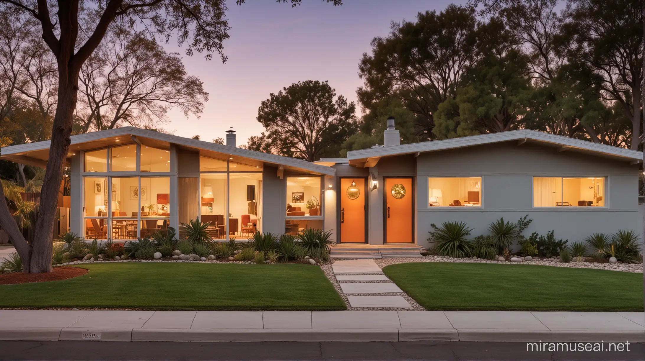 Mid-Century modern home exterior front photo vintage photographed now full color and well lit twilight Case study house professional magazine quality natural light Architectural Digest Atomic Ranch Dwell people in the photo family


