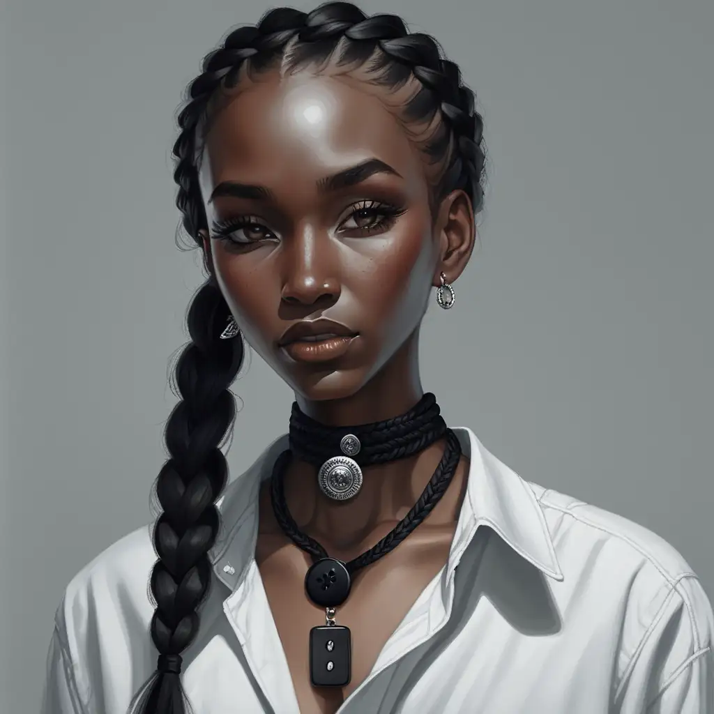 Woman with long face, black skin, long braided hair, wearing a black choker necklace and a button-up shirt