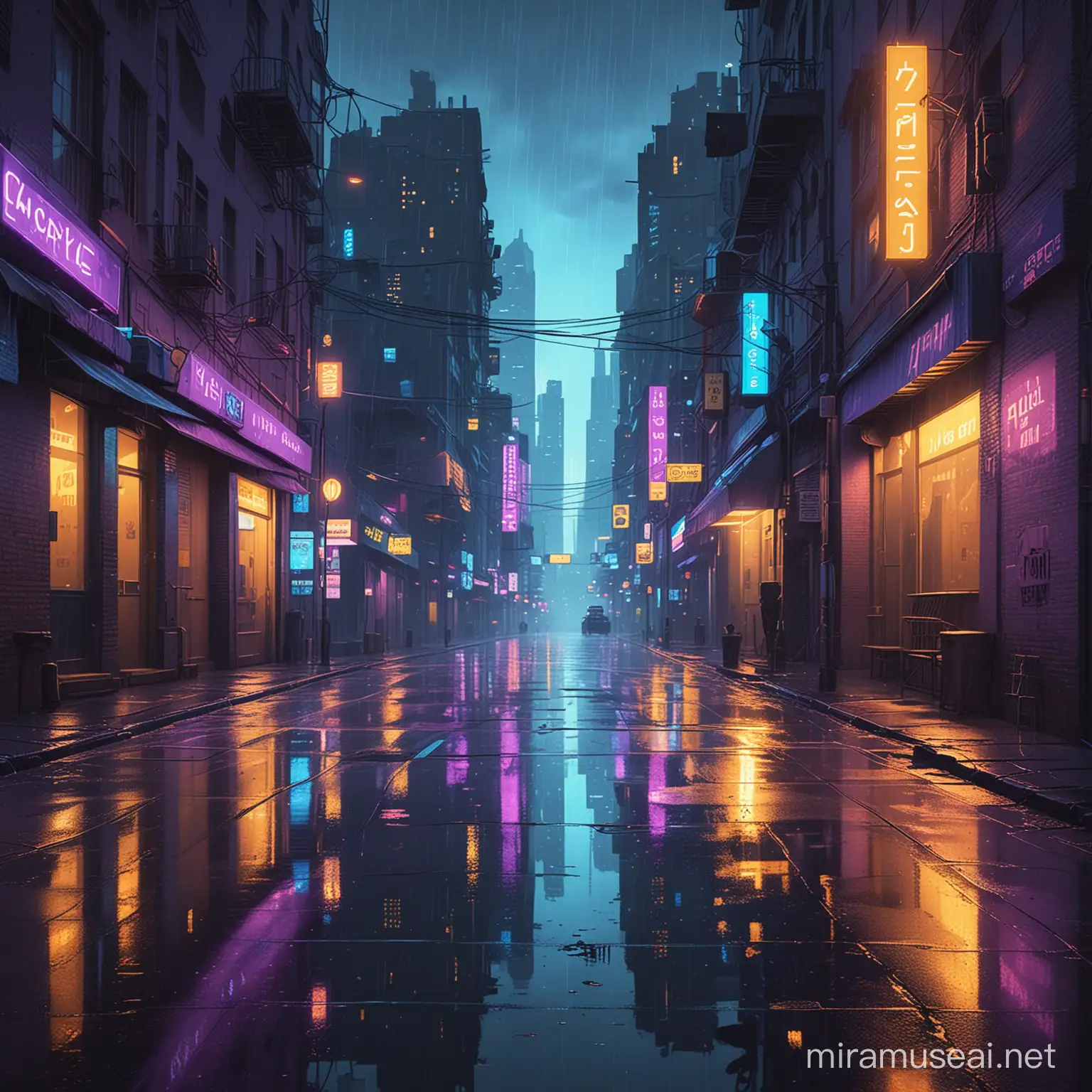 je veux une rue d'une ville dans le style illustration Cyberpunk  où il pleut avec eds reflets au sol. De nuit, sans aucune personne à l'horizon et les imeubles ont des led néon violet / jaune / bleu