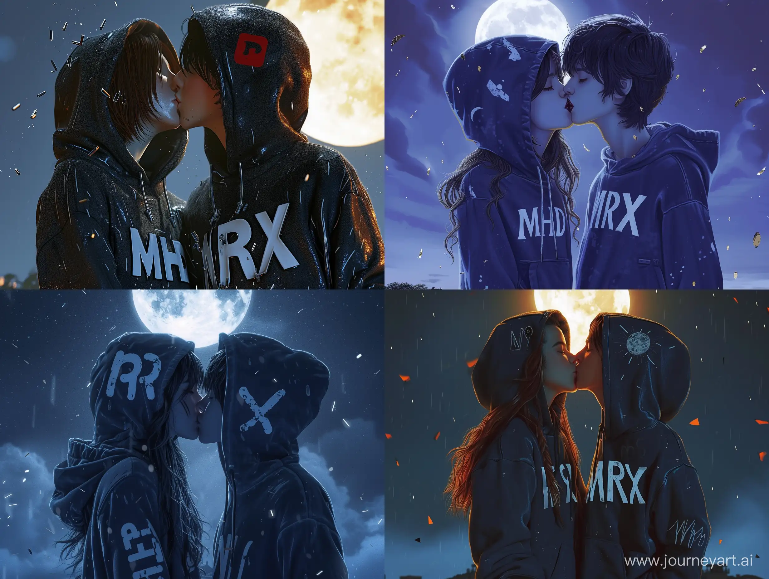 create a photo, girl has "MRX" letter on her hoody and boy has "MHD" letter on his hoody are kissing, night, moon, falling stars, ultra high detailed photo, modern, realistic, full body pose,