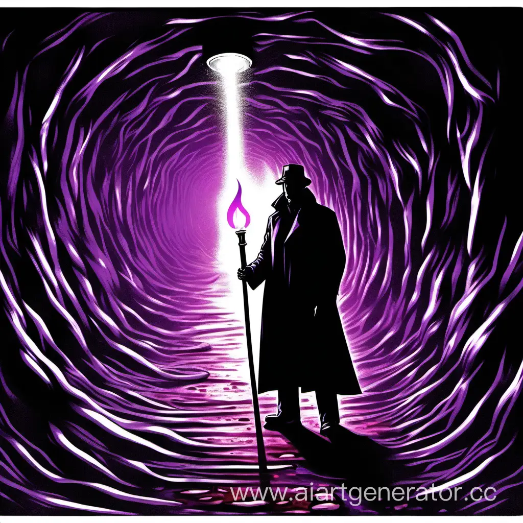 Underground tunnel a dark figure of a man with a torch and violet liquid on the ground