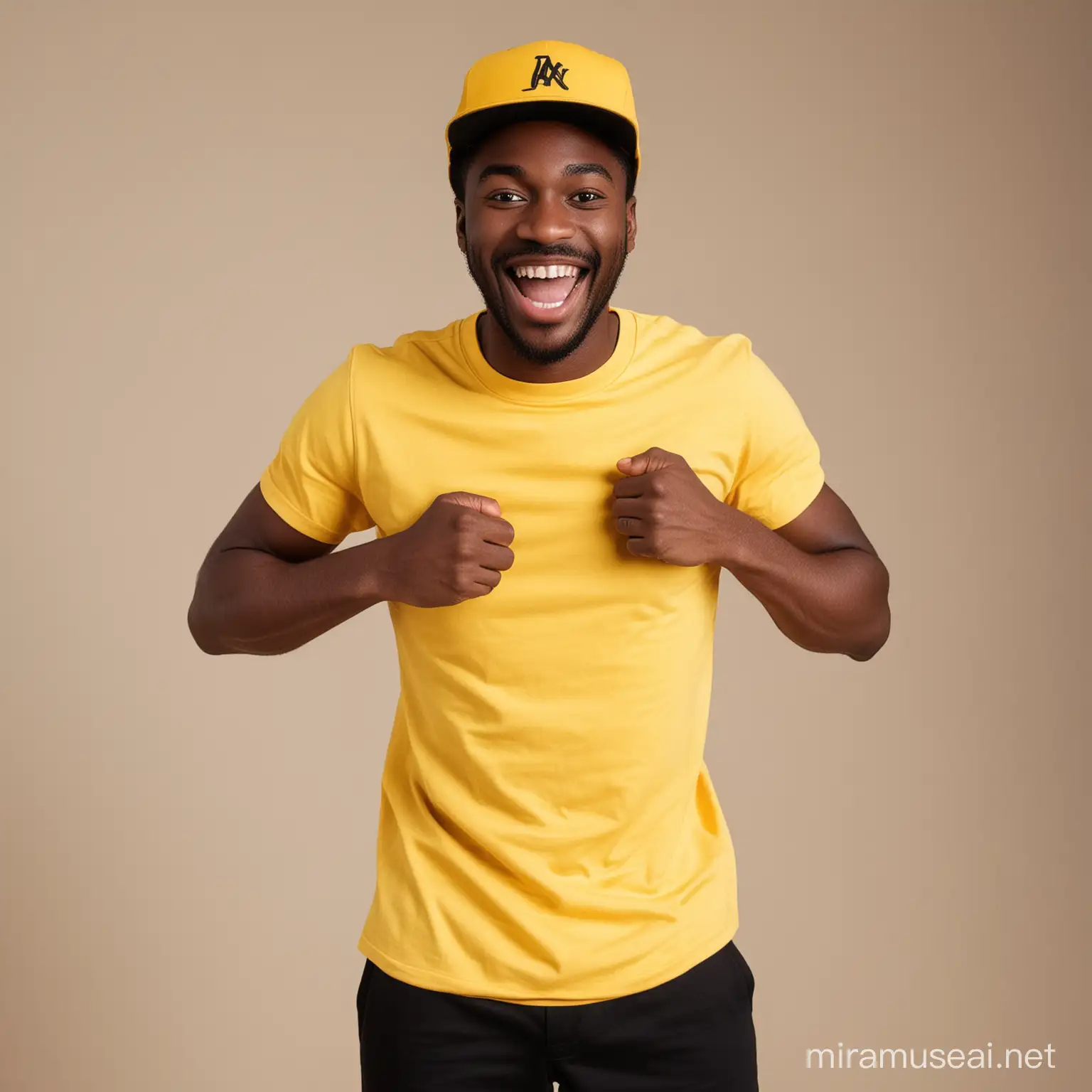 Excited Black guy , putting on a yellow t-shirt and black pants , black face cap , cheerfully smiling to camera.