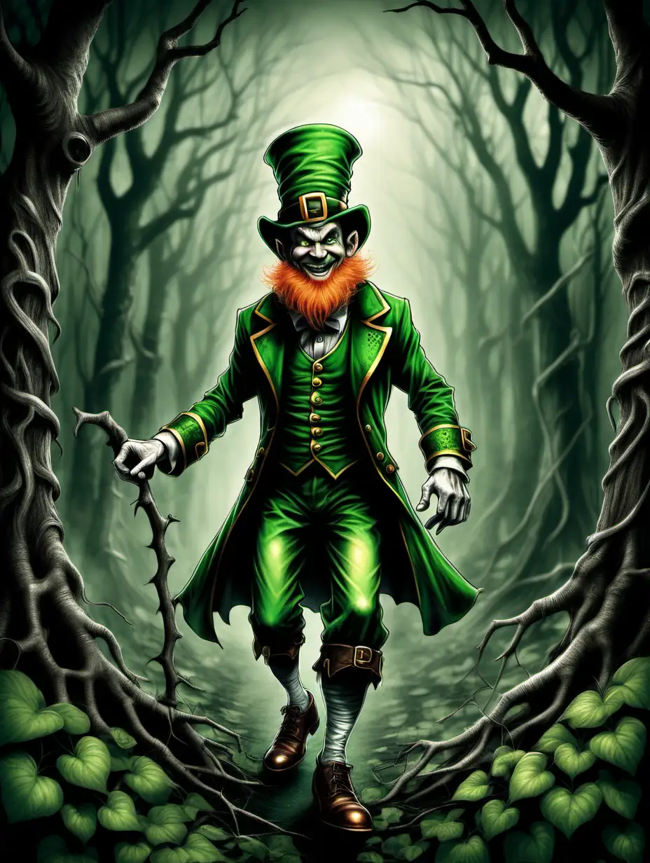 Create an image of an evil leprechaun for a coloring book cover. The short leprechaun should be standing at the bottom of the page in a tunnel  of tree branches at the top arching over him, exuding a menacing aura. He has a wicked grin, sharp, angular features, and gleaming, mischievous eyes. His clothes are tattered and dark, with a hint of traditional leprechaun attire like a buckled hat, but twisted into a more sinister style. Around him, there's a backdrop of a mystical, eerie forest with gnarled trees and a misty atmosphere, providing a rich array of elements to color. The composition should leave ample space at the top or bottom for a title to be added later. The overall image should be vibrant, with a mix of dark and bright colors to highlight the evil yet whimsical nature of the leprechaun.