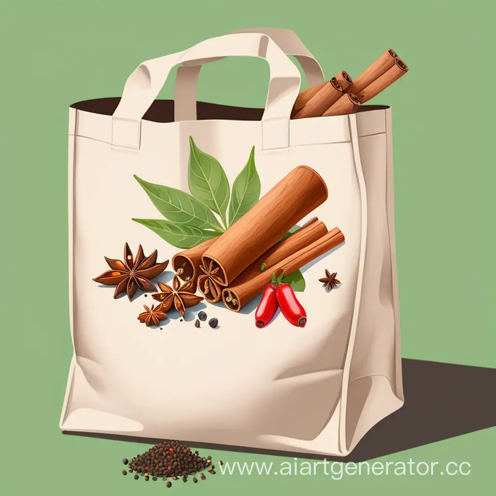 One tote bag with spices in vector style over a green background