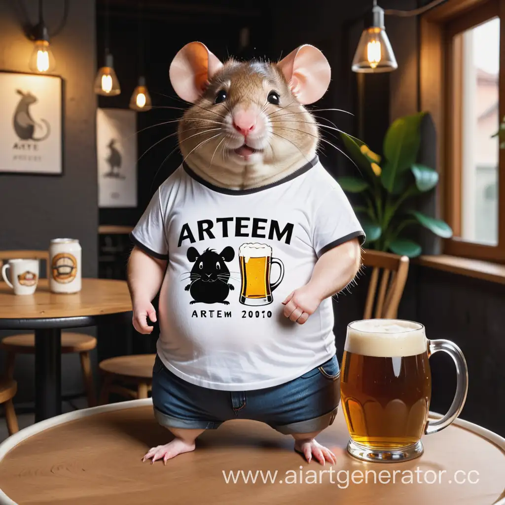 Толстая крыса, с кружкой пива и в футболке с надписью "артём"