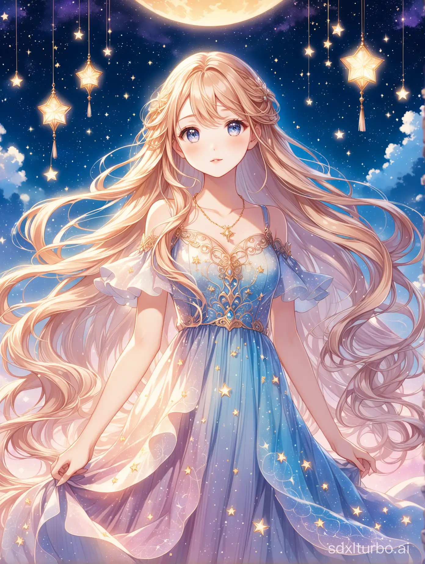 Ethereal Anime Girl Portrait with Starry Sky Background | SDXL Free Online