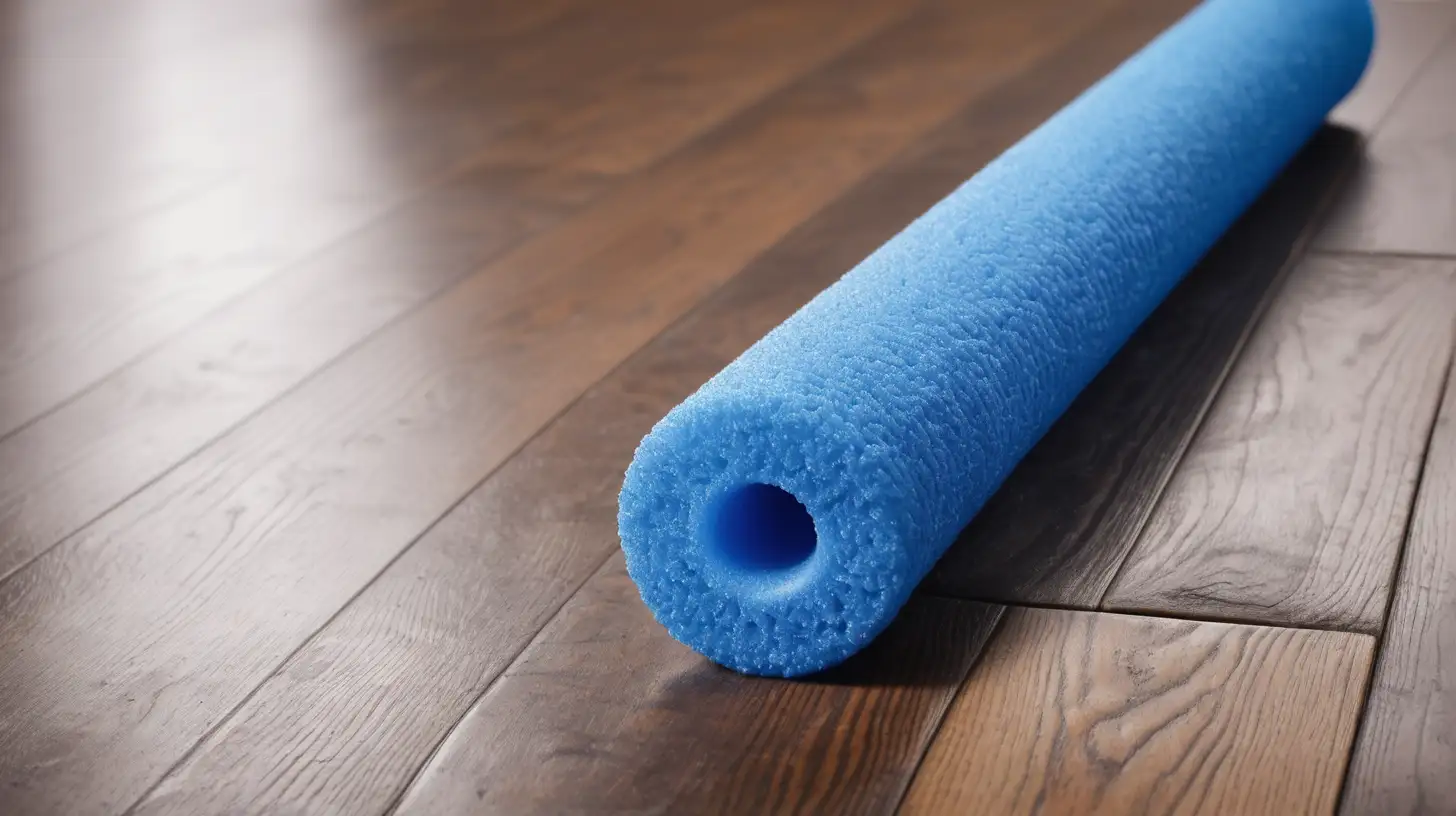 blue pool noodle on wood floor. Extreme close up