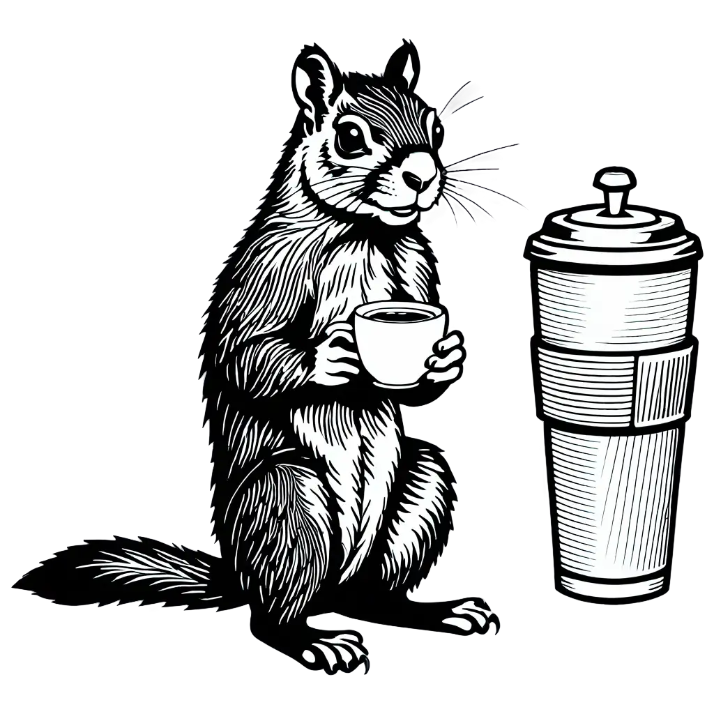 HighQuality-PNG-Image-Giant-Squirrel-Holding-a-Coffee-Cup-in-Black-and-White-Line-Art-Drawing