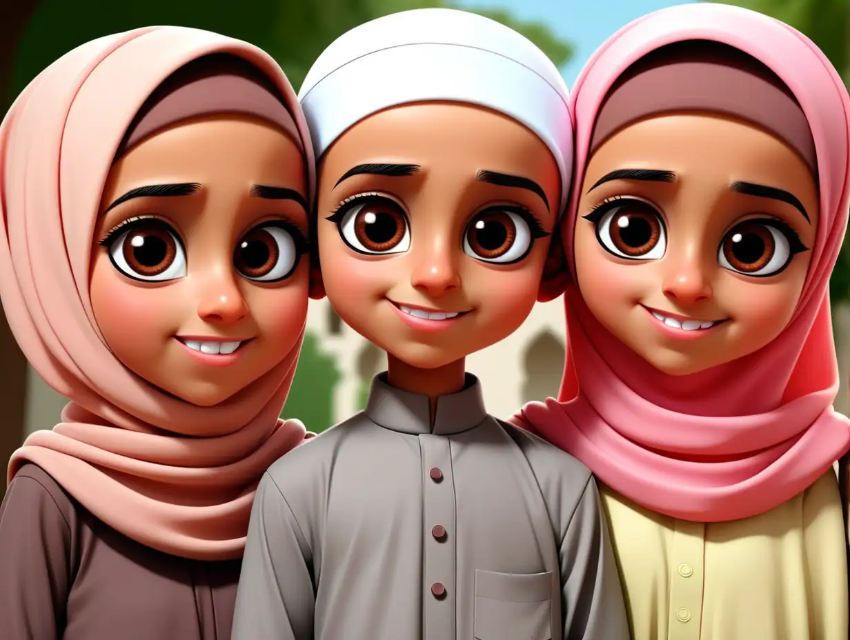 Cheerful Muslim Cartoon Trio Two Boys and One Girl in Joyful Harmony