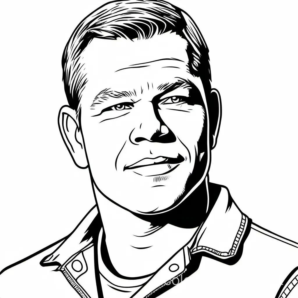 Matt Damon, Coloring Page, black and white, line art, white background, Simplicity, Ample White Space. The background of the coloring page is plain white to make it easy for young children to color within the lines. The outlines of all the subjects are easy to distinguish, making it simple for kids to color without too much difficulty