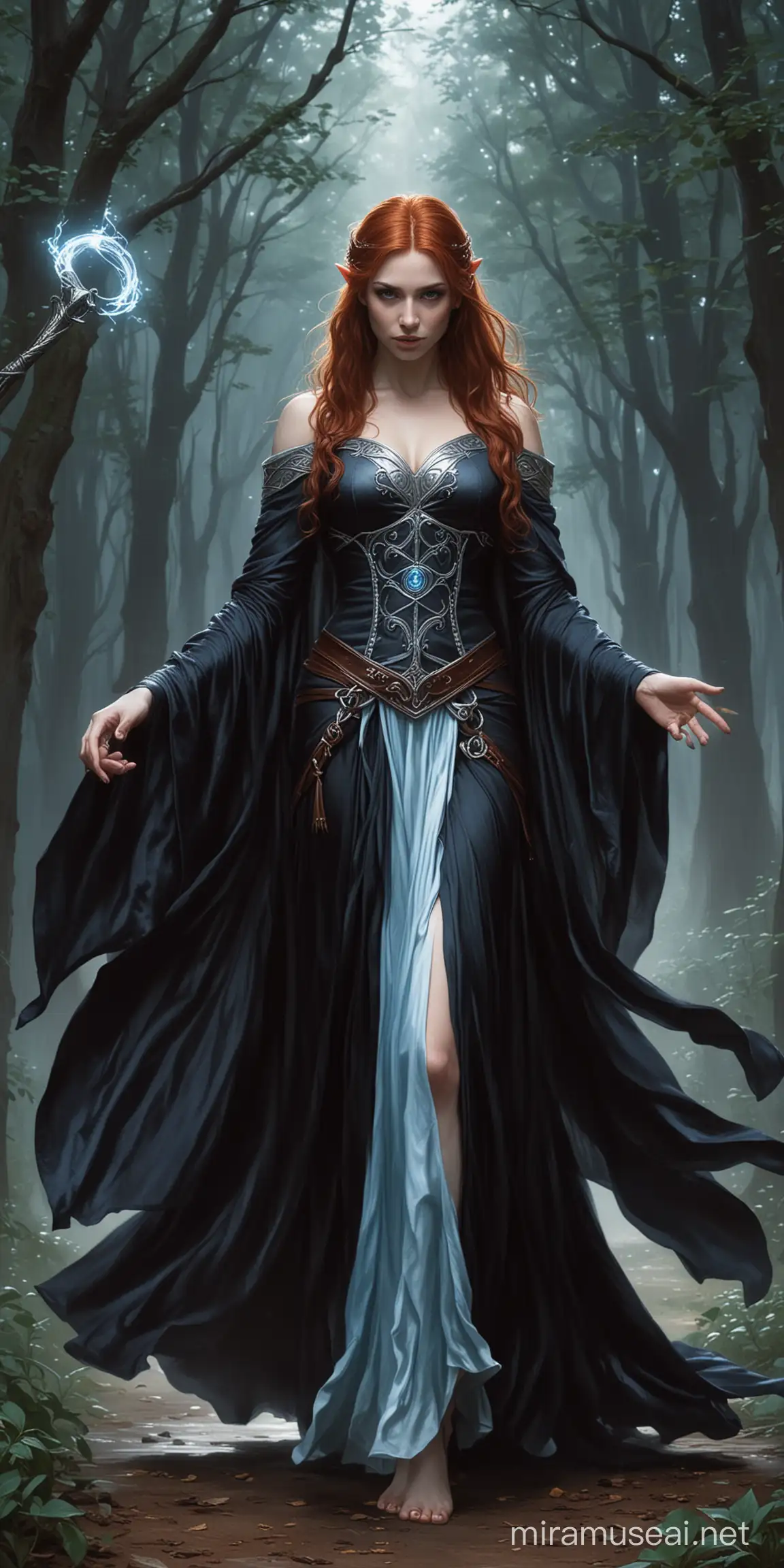 half-elf, fantasy, forgotten realms, wiry, auburn hair, dancer, dark robes with silver and lightblue highlict, symbol of selune