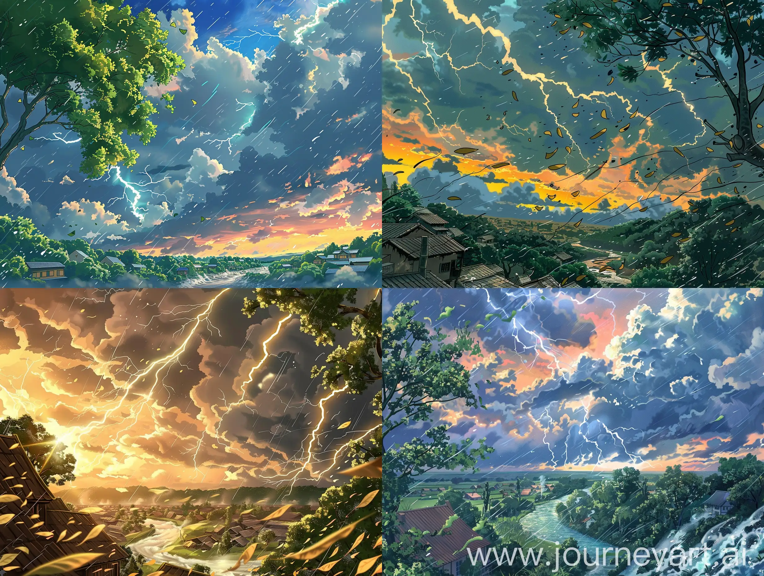 Lightning sparks move through the heavy clouds in the sky.  The wind moves the tree leaves, an atmosphere like sunset but the sun does not appear because of the clouds, thunder, anime style, creative, village, nature, a raging river moved quickly by the wind, landscape.