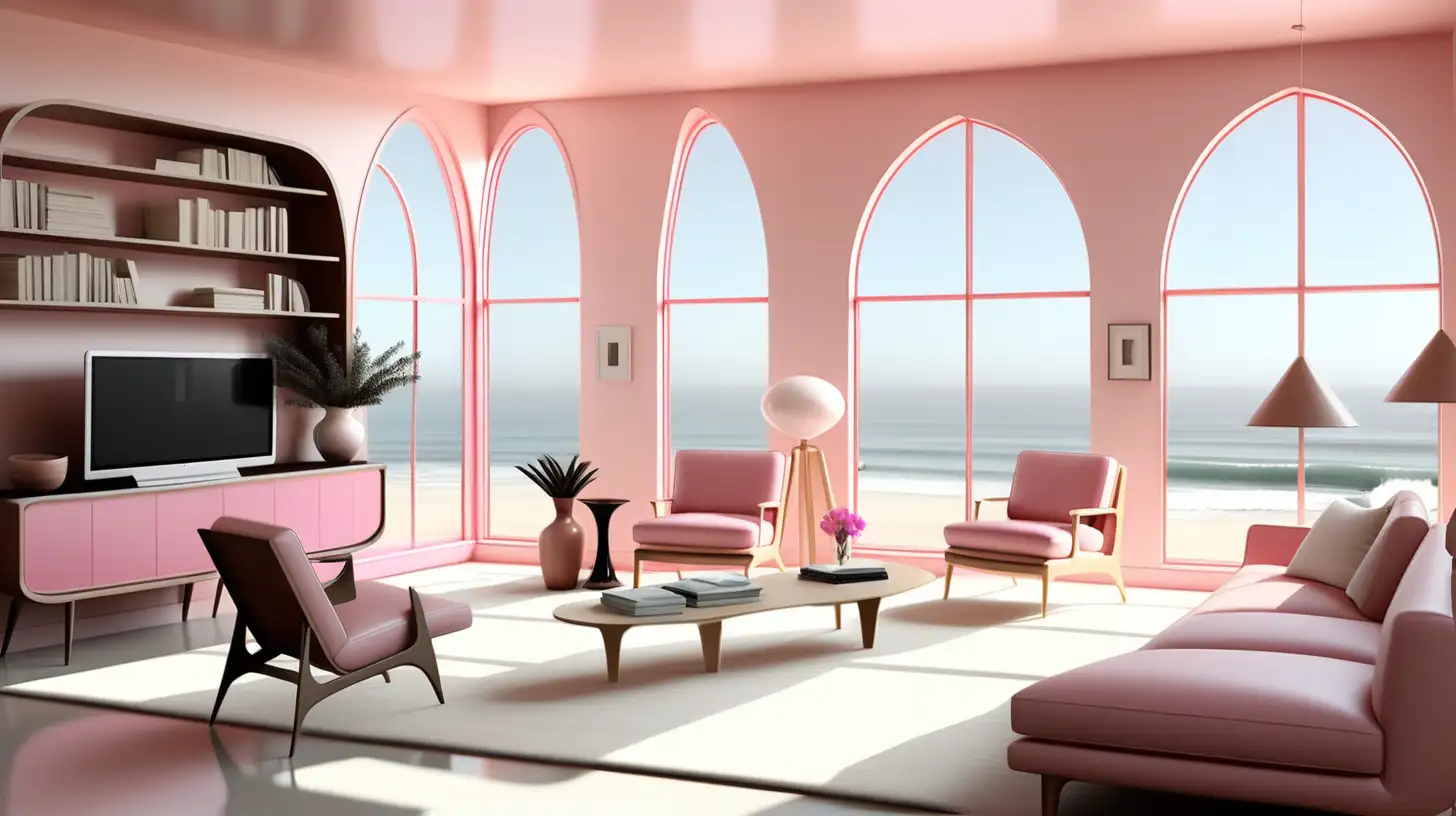 Contemporary Pink Living Room with Ocean View and Minimalist Decor