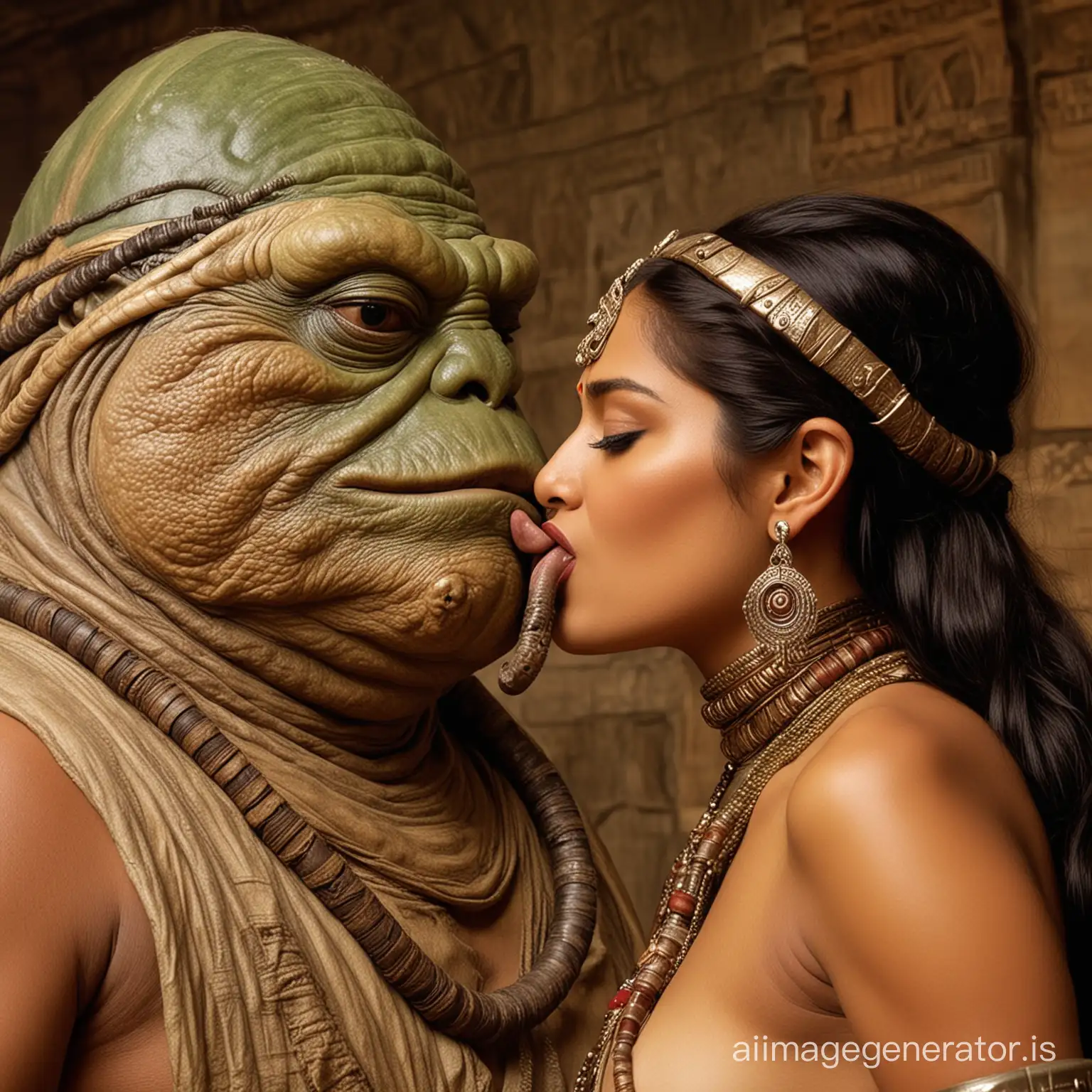 Jabba the Hutt with his serpent tongue kisses the beautiful enslaved Indian Princess