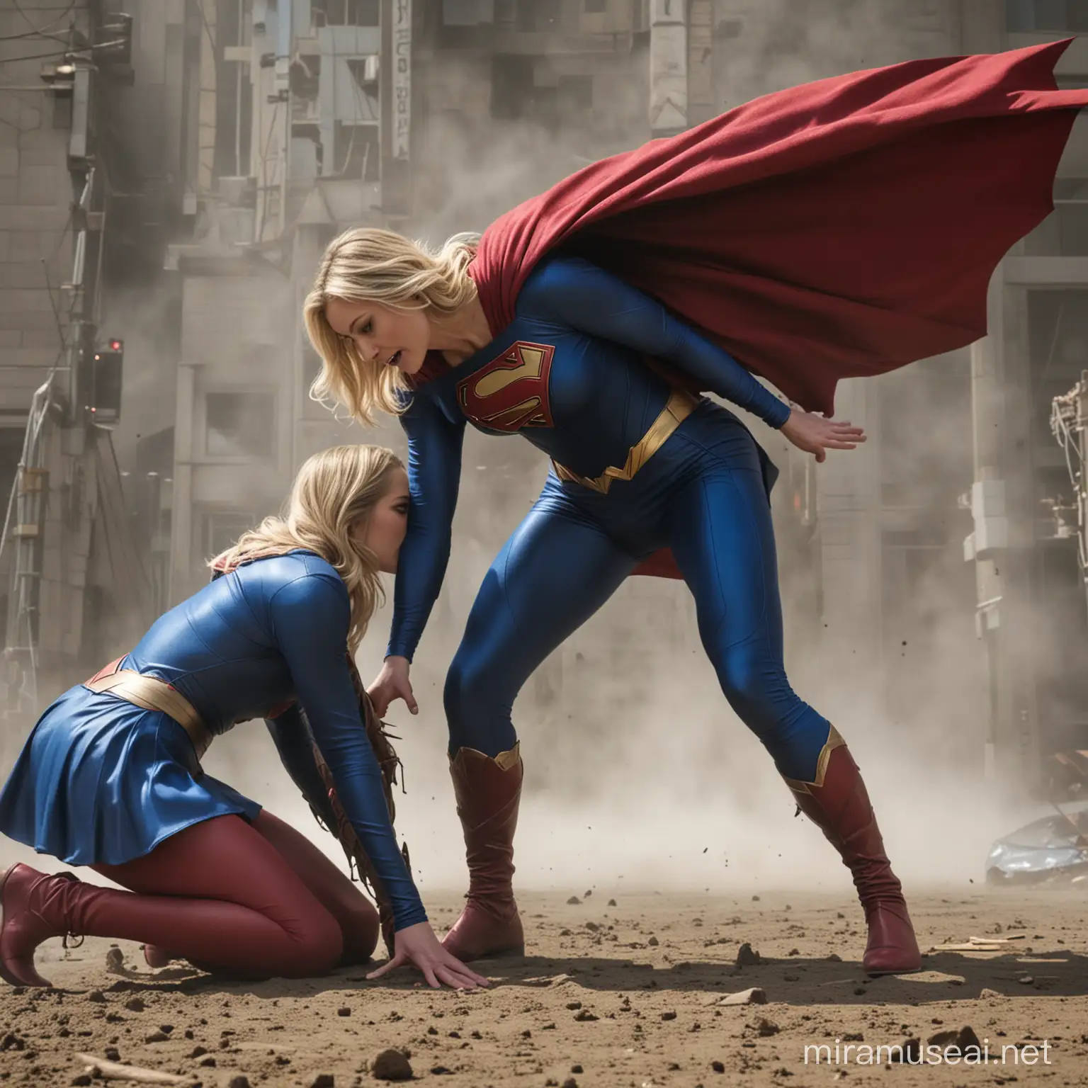 Supergirl, dressed as Superman, Huge arachnid engulfing, swallowing Supergirl Giant arachnid looming over Supergirl, leaning over, hunched over Supergirl