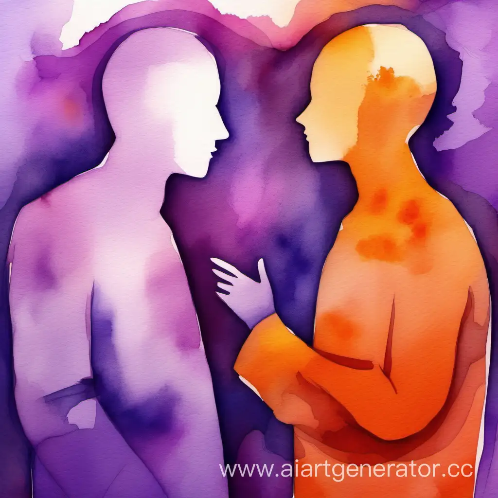 two people are conversing exchanging thoughts the background color is violet and orange abstraction watercolor style