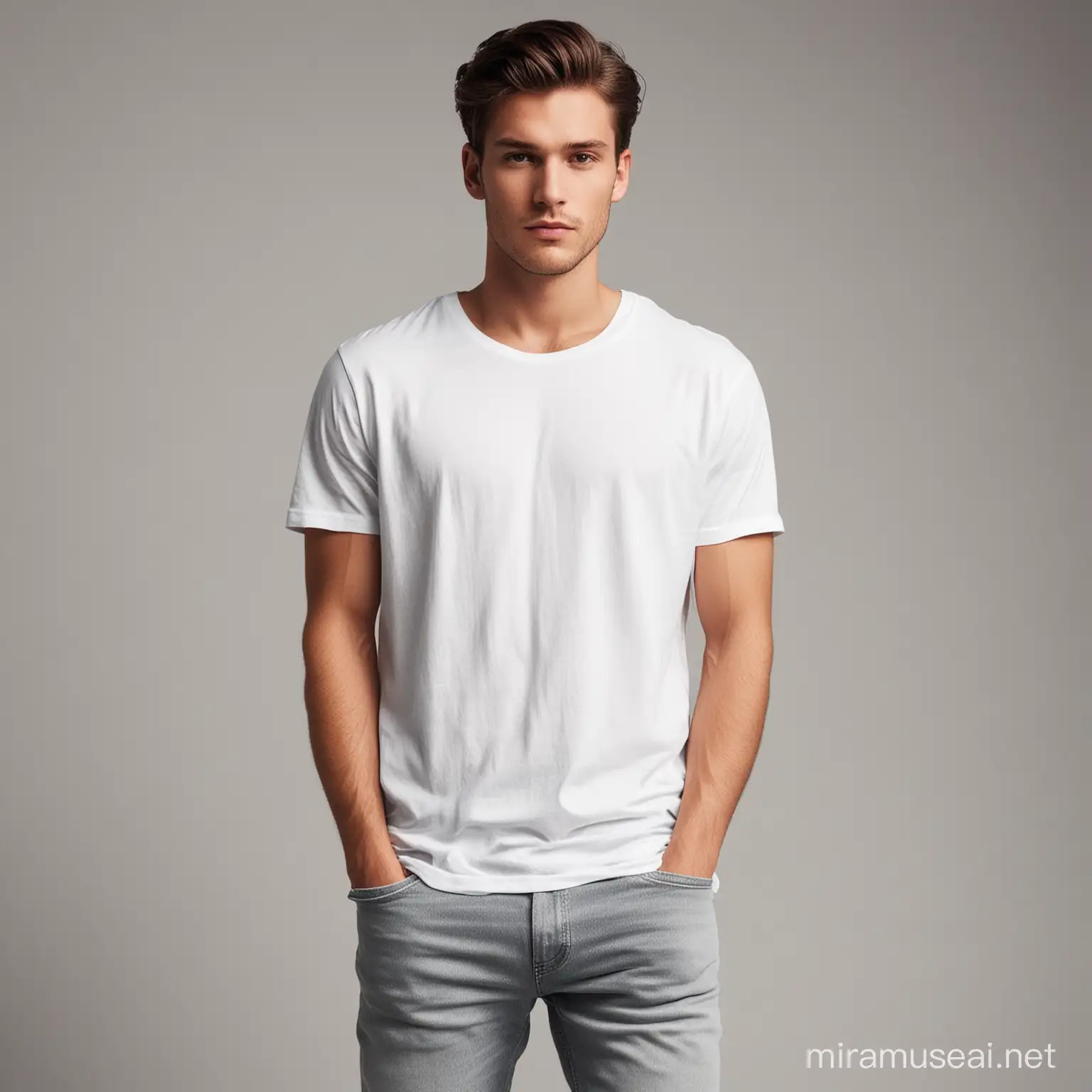 create for me a male model wearing a white t-shirt without prints. See the whole body