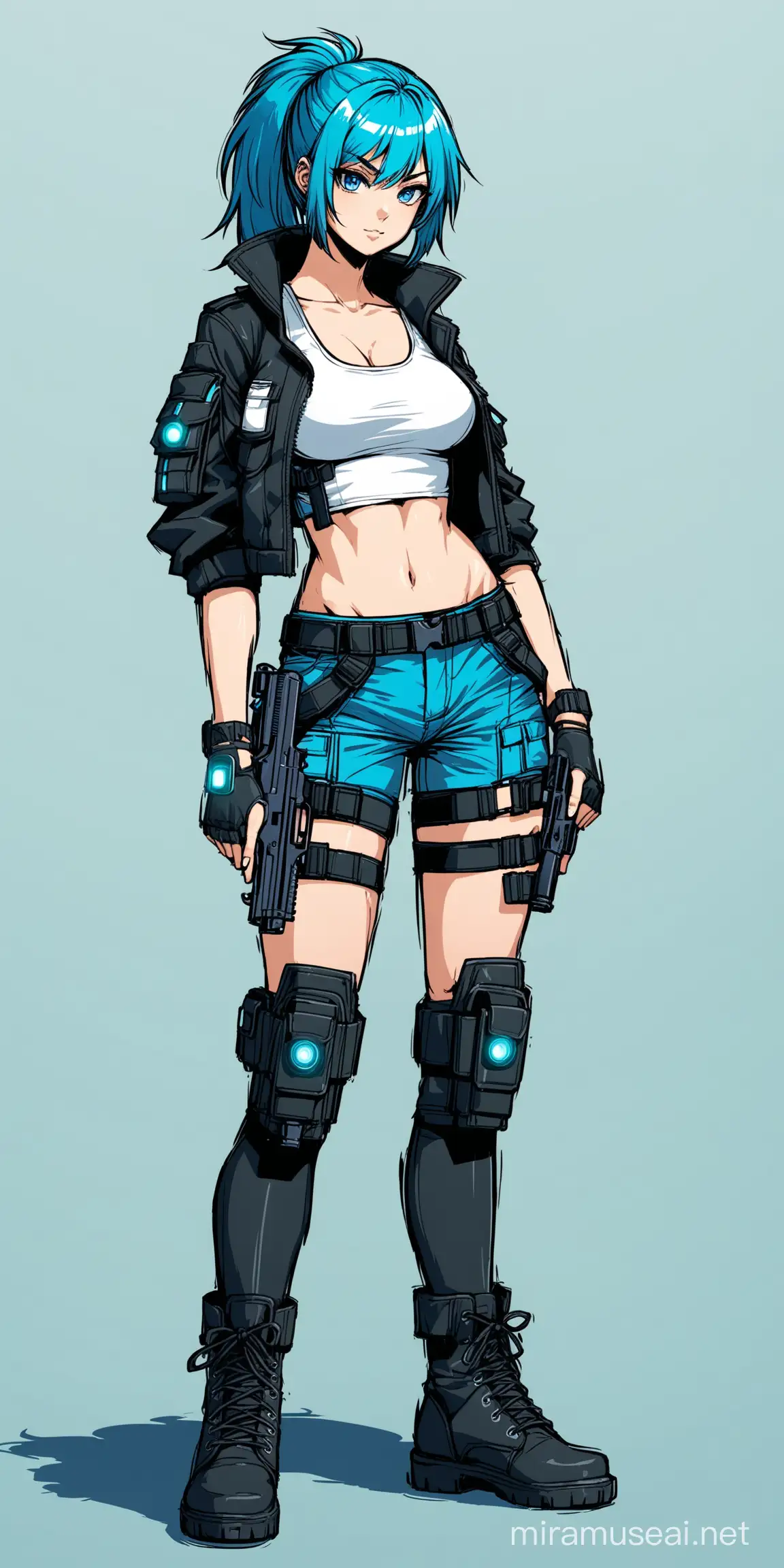 Cyberpunk Heroine with Handguns Bold and Sexy 24YearOld Woman in Blue Hair and Combat Gear