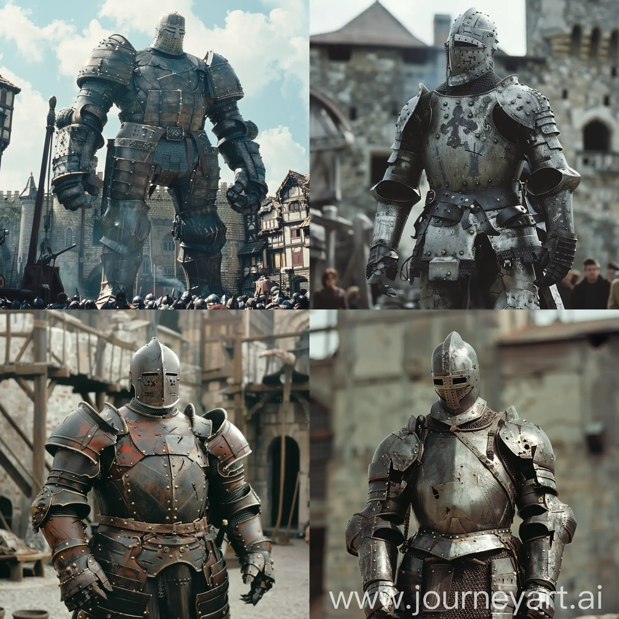 colossal medieval armored ironman. dvd screenshot  from medieval film. medieval background . Film directed by medievalist, kodak ultramax. --v 6.0
