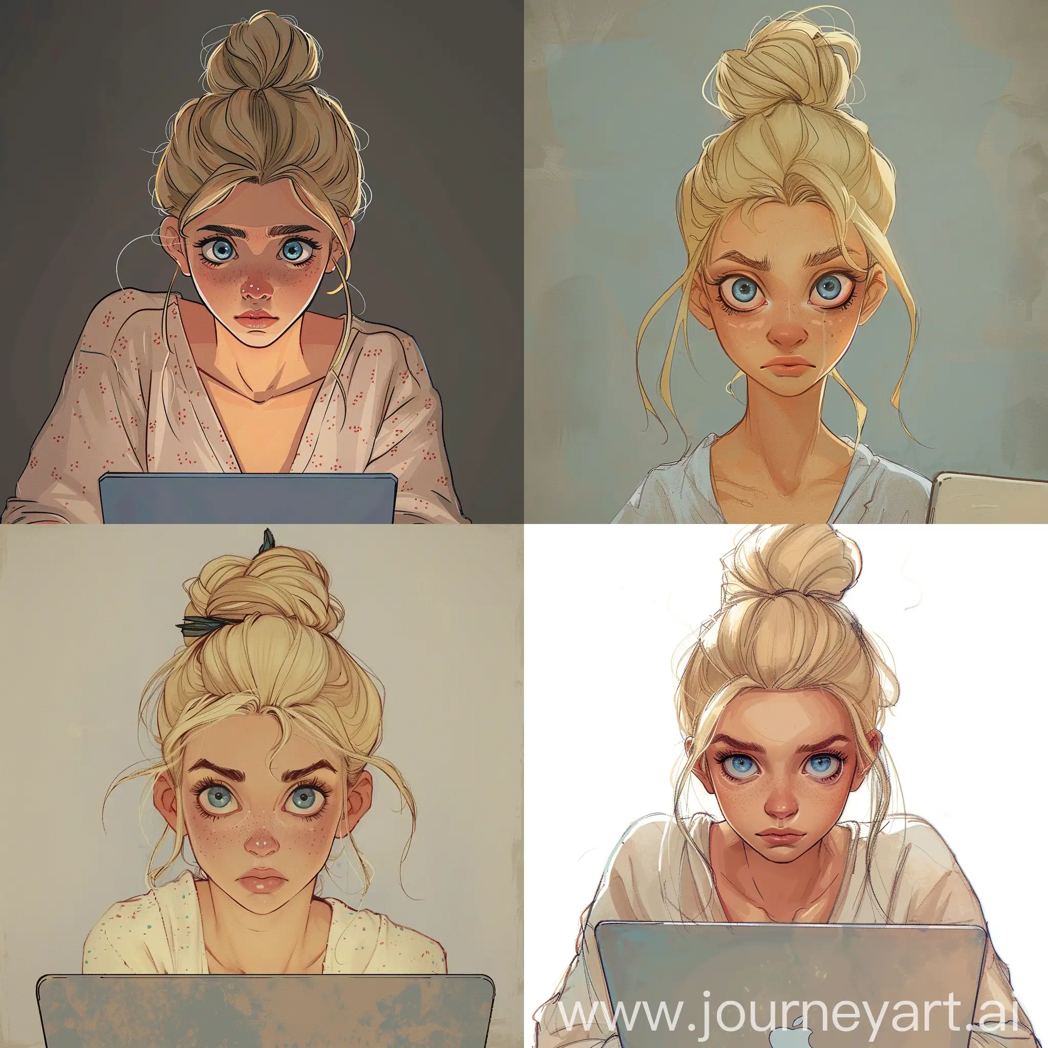 32-years-old woman after a sleepless night trying to work in front of the laptop. Blond with blue eyes. hair tied up in a bun and wearing loungewear, with circles under the eyes. Disney princess 