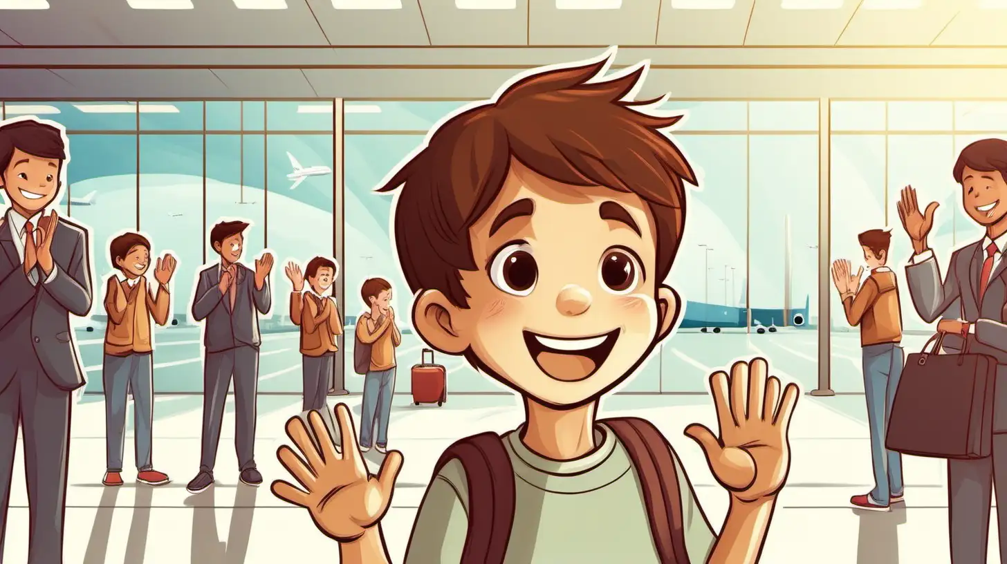 illustrate a ten years old brown hair boy  clapping his hands with joy in the airport