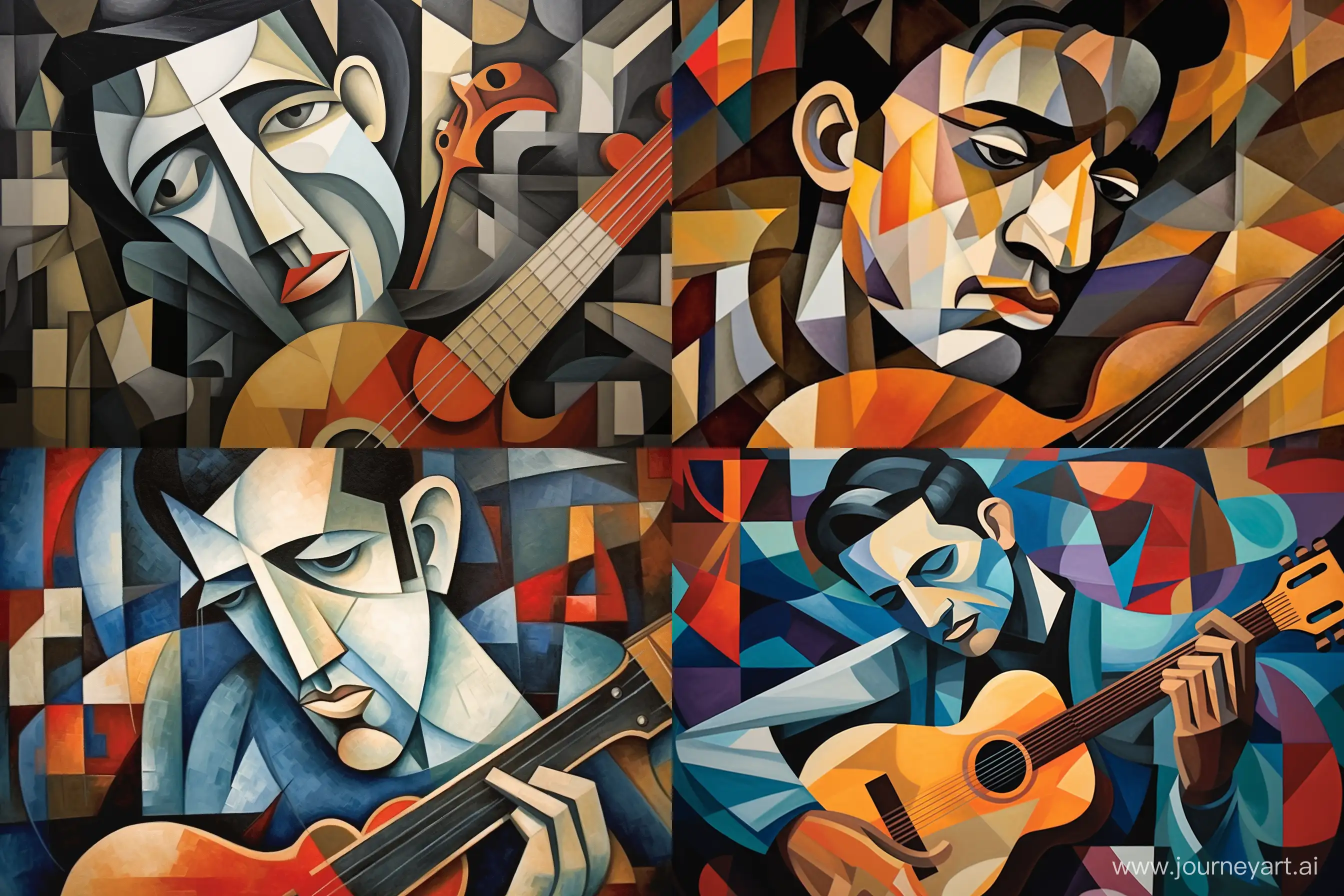Cubism: Create a fragmented portrait of a musician with multiple perpectives. --ar 3:2