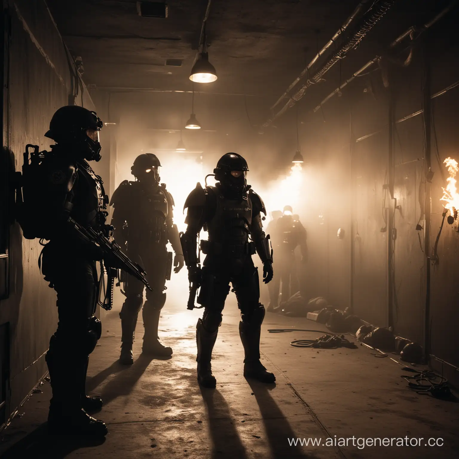 Солдаты "Эскадрона Смерти" с оружием, в чёрной силовой броне стоят в тени у входа в комнату с тускло горящей лампочкой, SS13
