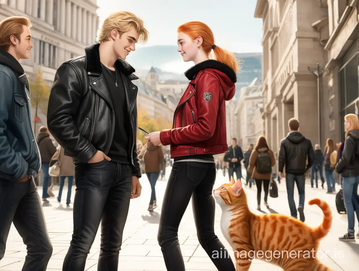 The blonde girl, 17 years old, dressed in a red jacket and black jeans, is talking to a tall guy. The guy is a handsome blonde, with a muscular body, wearing a black leather jacket. He stands opposite the girl, smiling. There's a ginger cat sitting on the guy's shoulder. Around them, there's a city with people walking by and shops shining.
