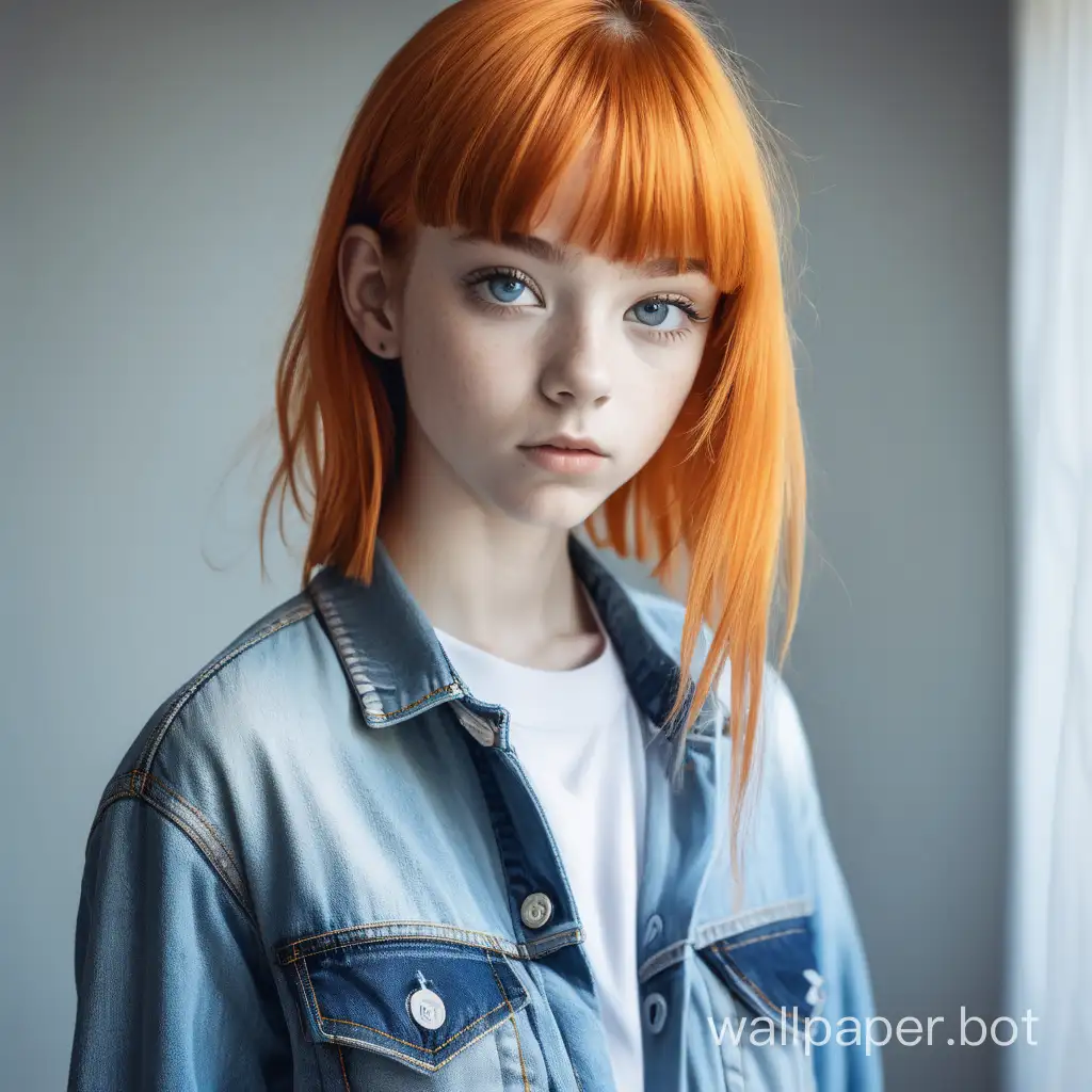 Girl-with-Orange-Hair-in-Clean-Denim-Jumpsuit-and-Reflective-Eyes