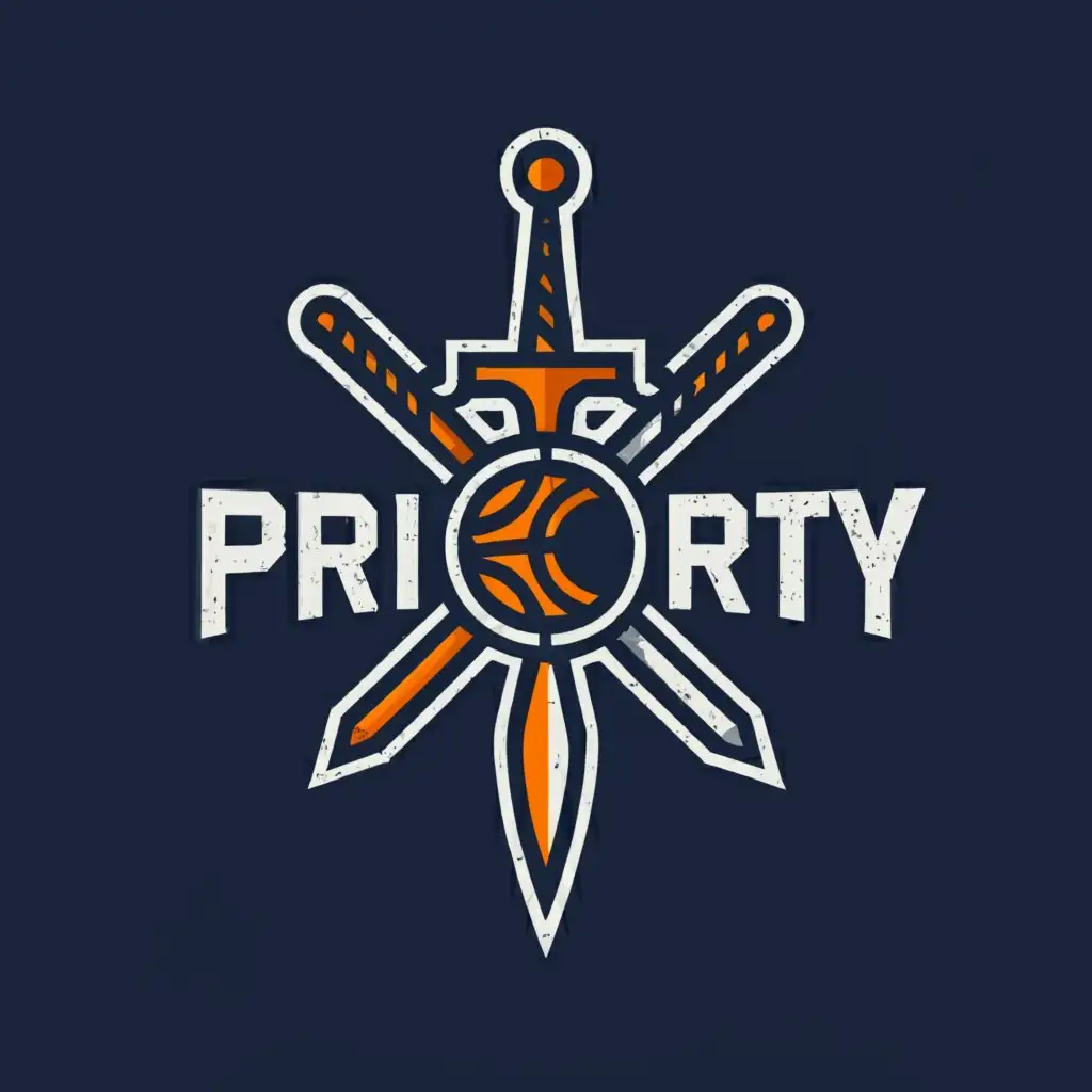 a logo design,with the text "priority", main symbol:sword and basketball,complex,clear background