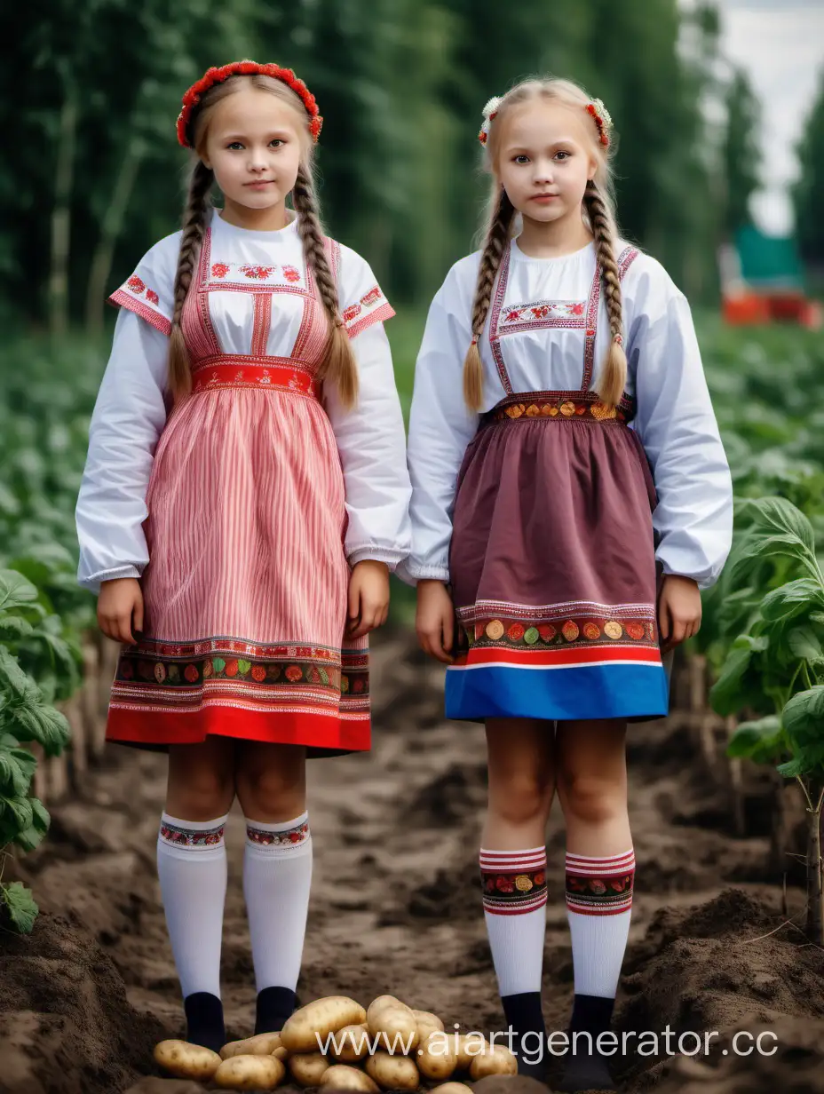 Девушки в спущенных носках и русских национальных мини-платьях с длинными рукавами и косичками собирают картошку, полный рост
