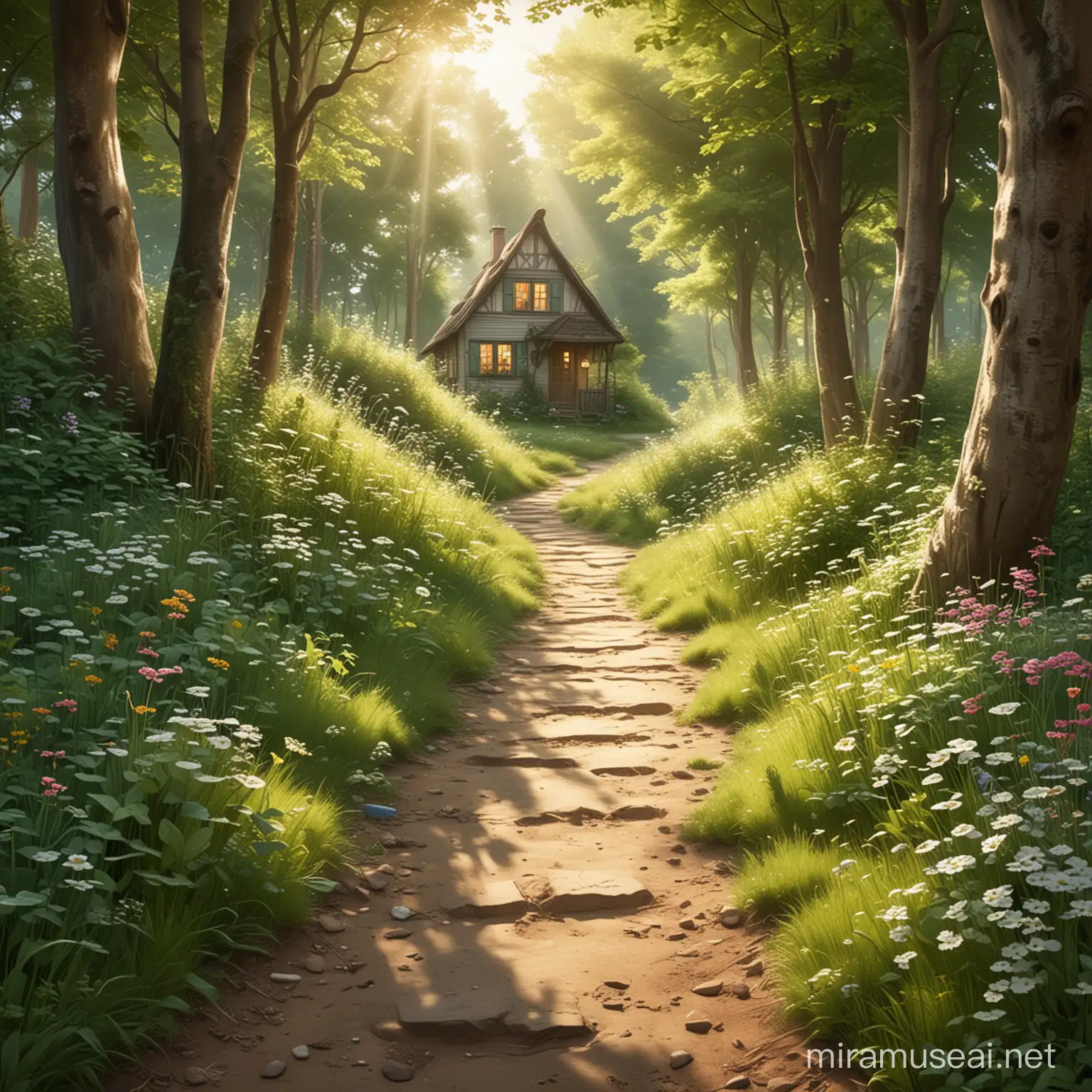 The image could include the following elements:A cozy path covered with soft grass and framed by tall trees with green leaves.Sunbeams penetrating through the foliage and creating playful glints on the ground.A small house in the distance, surrounded by blooming flowers, which adds a sense of mystery and coziness to the illustration.Traces of little footsteps on the path, as well as scattered toys such as balls, dolls, and toy cars, adding a touch of magic and adventure.The overall atmosphere of the illustration should convey the joy and delight of childhood.Ideally, the image should have bright and vibrant colors to enhance the magical atmosphere and bring the illustration to life.