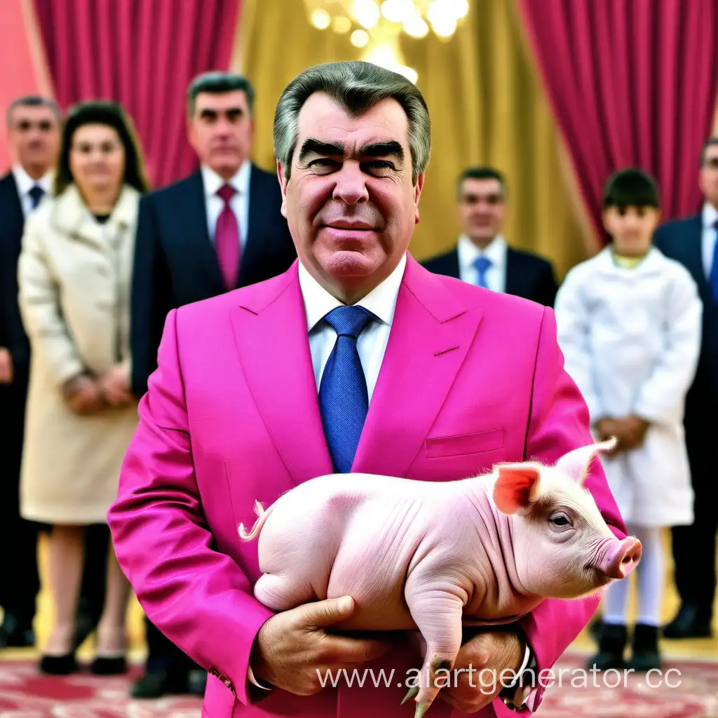 Президент Таджикистана Рахмонов одет в розовый костюм с семей на фоне и в руках держат поросёнка