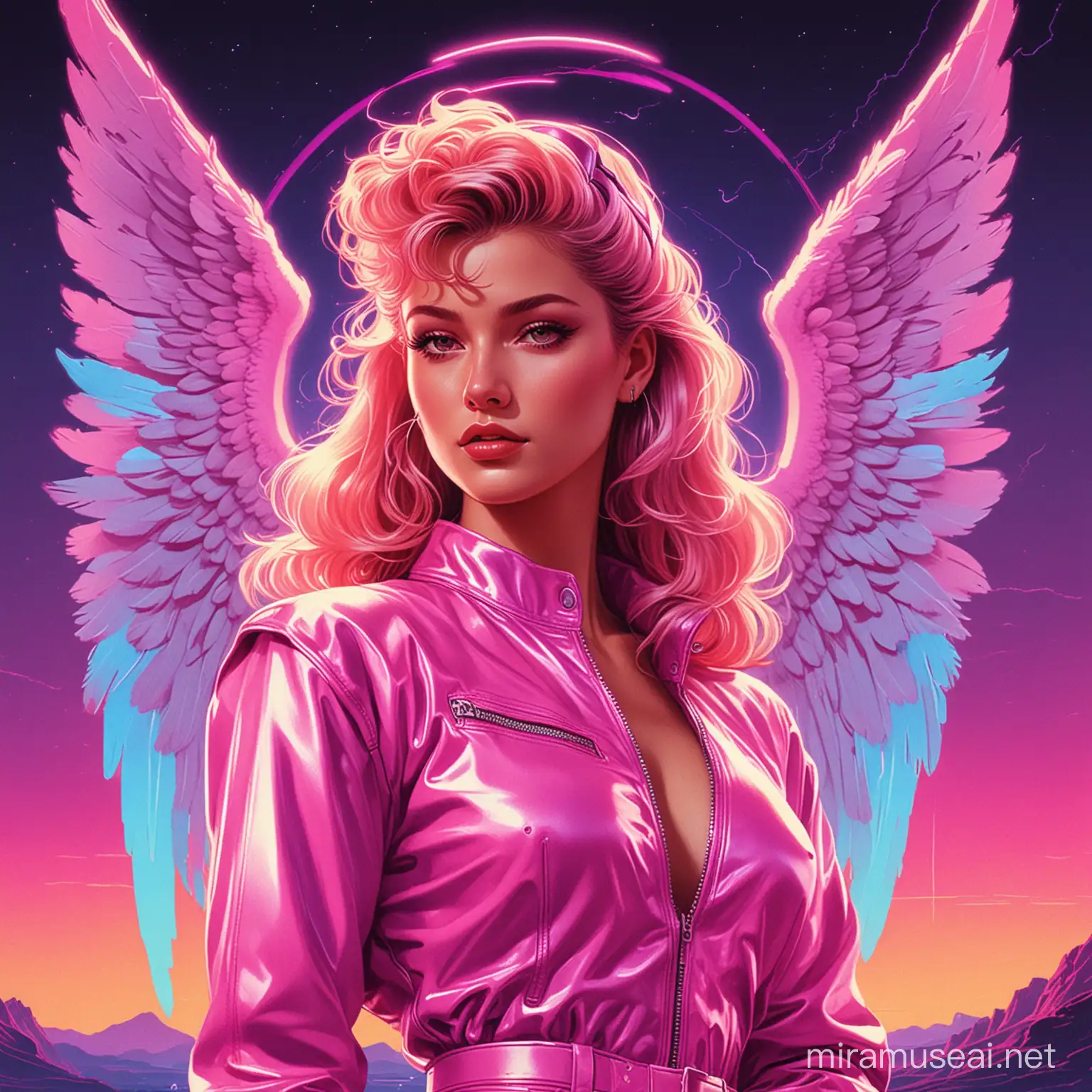 NeonLit 90s Synthwave Angel with Ethereal Wings