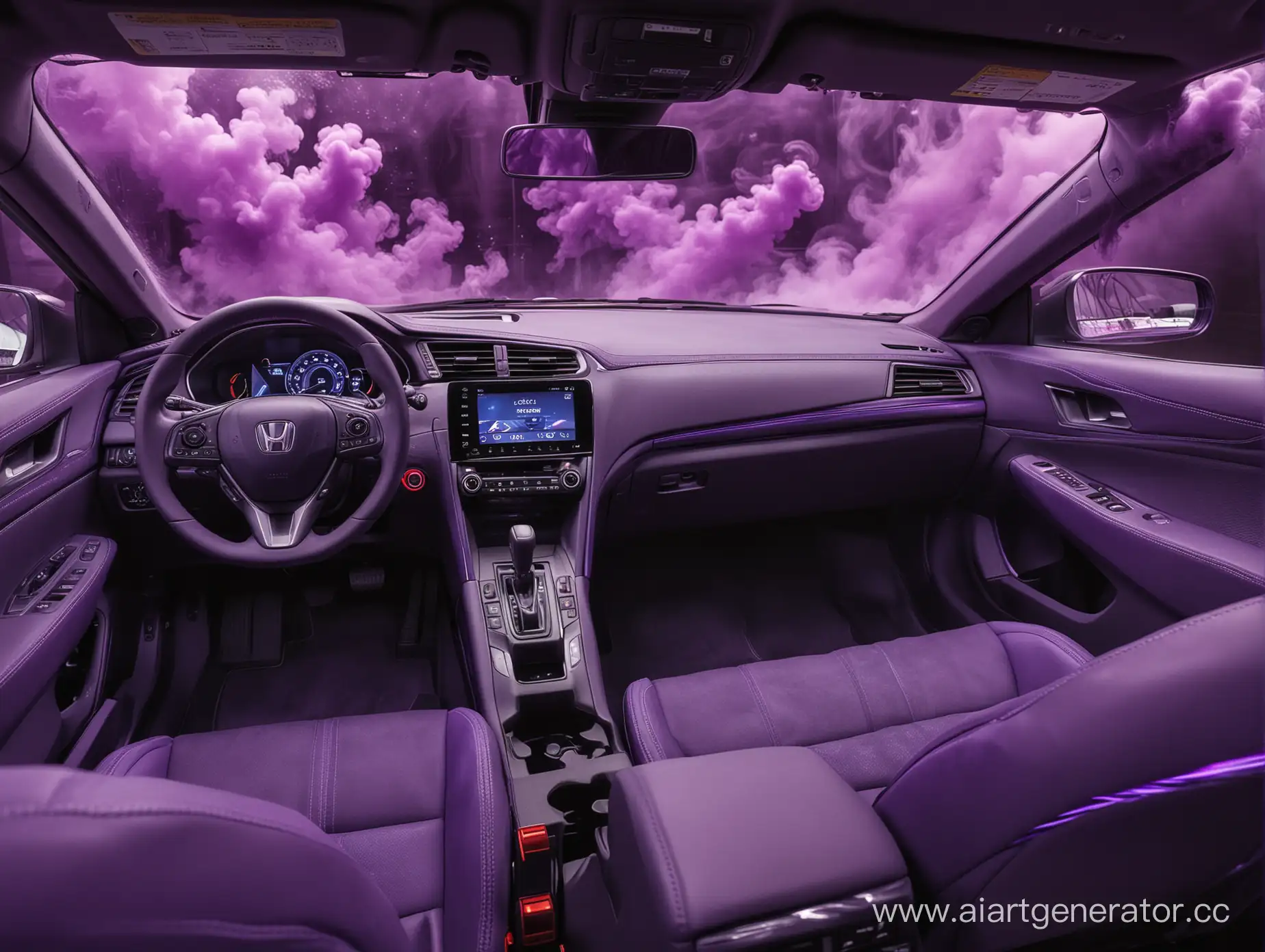 Vibrant-Purple-Smoke-Envelops-Honda-Car-Interior-with-Detailed-Multimedia-System