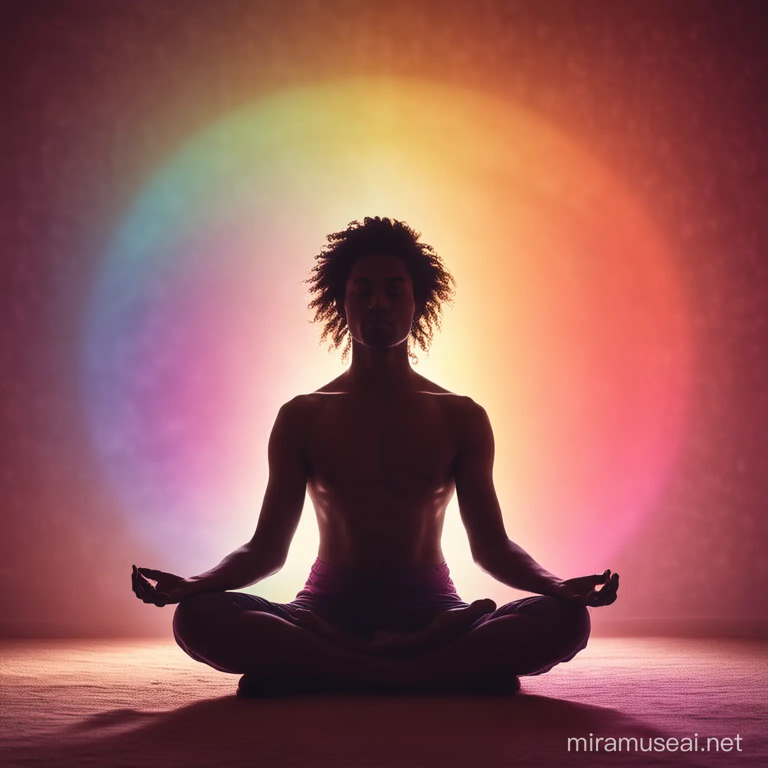 A SILHOUETTE OF A PERSON MEDITATING WITH A COLORFUL AURA IN THE BACKGROUND AND A POSITIVE VIBE