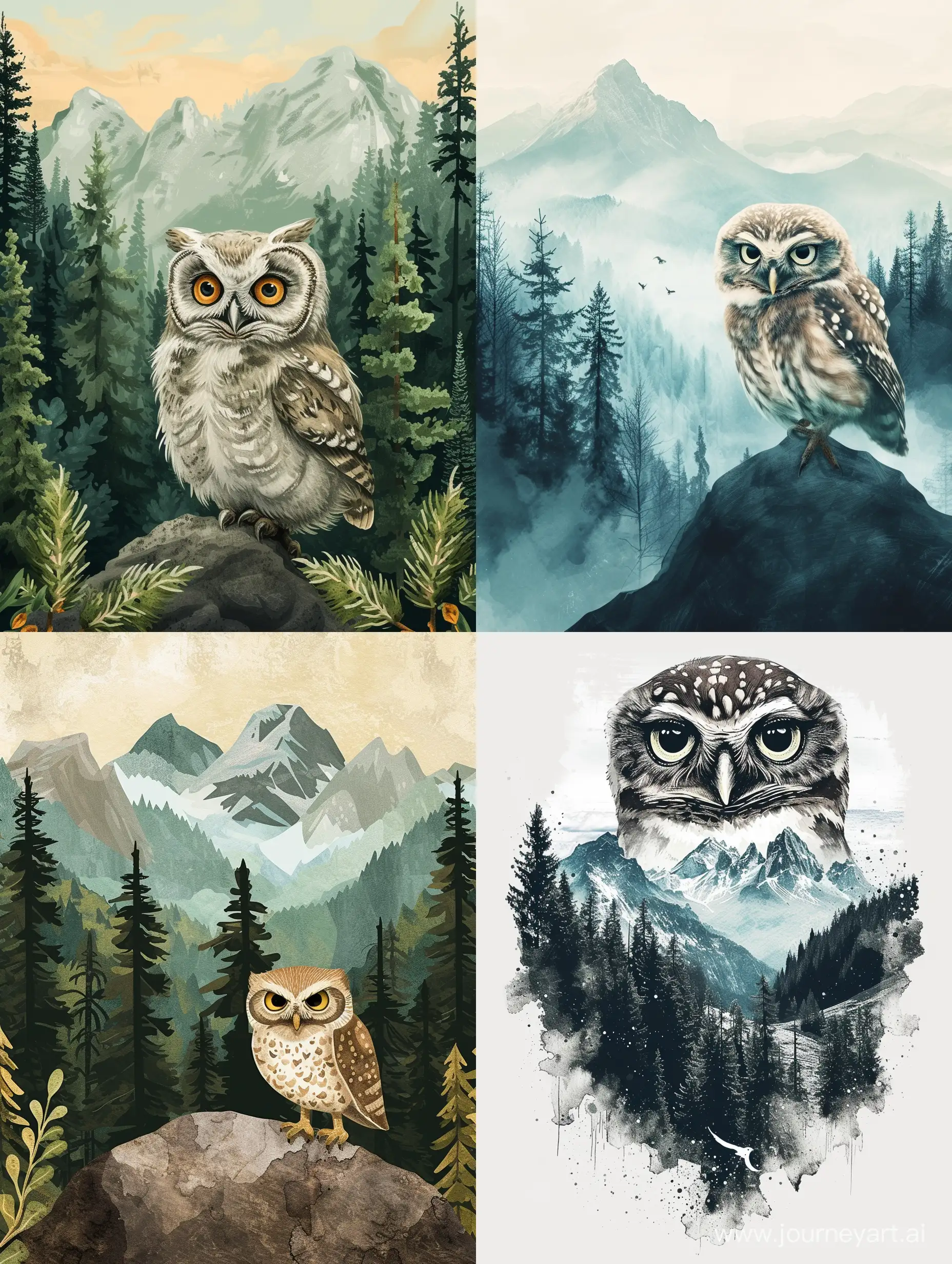 Enchanting-Forest-Scene-with-a-Small-Owl-Amidst-Mountains