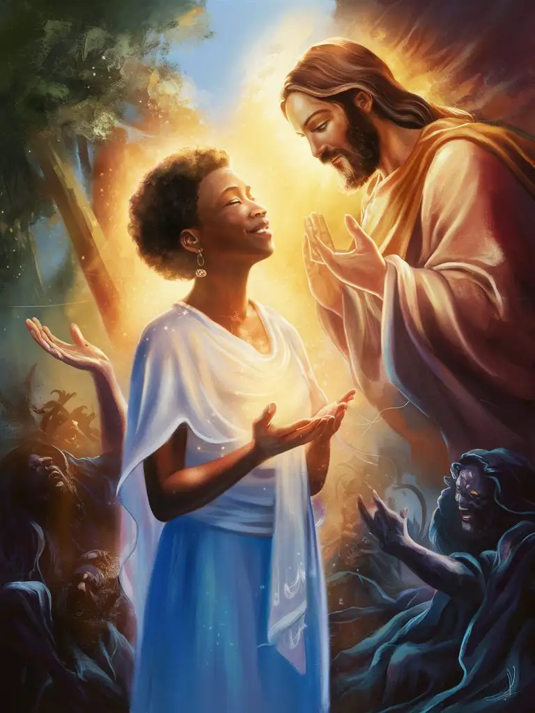 a serene digital painting of a beautiful blasian woman basking in the glow of divine blessings and protection bestowed by Jesus, with a peaceful aura surrounding them as evil forces are held at bay by the powerful presence of Christ.