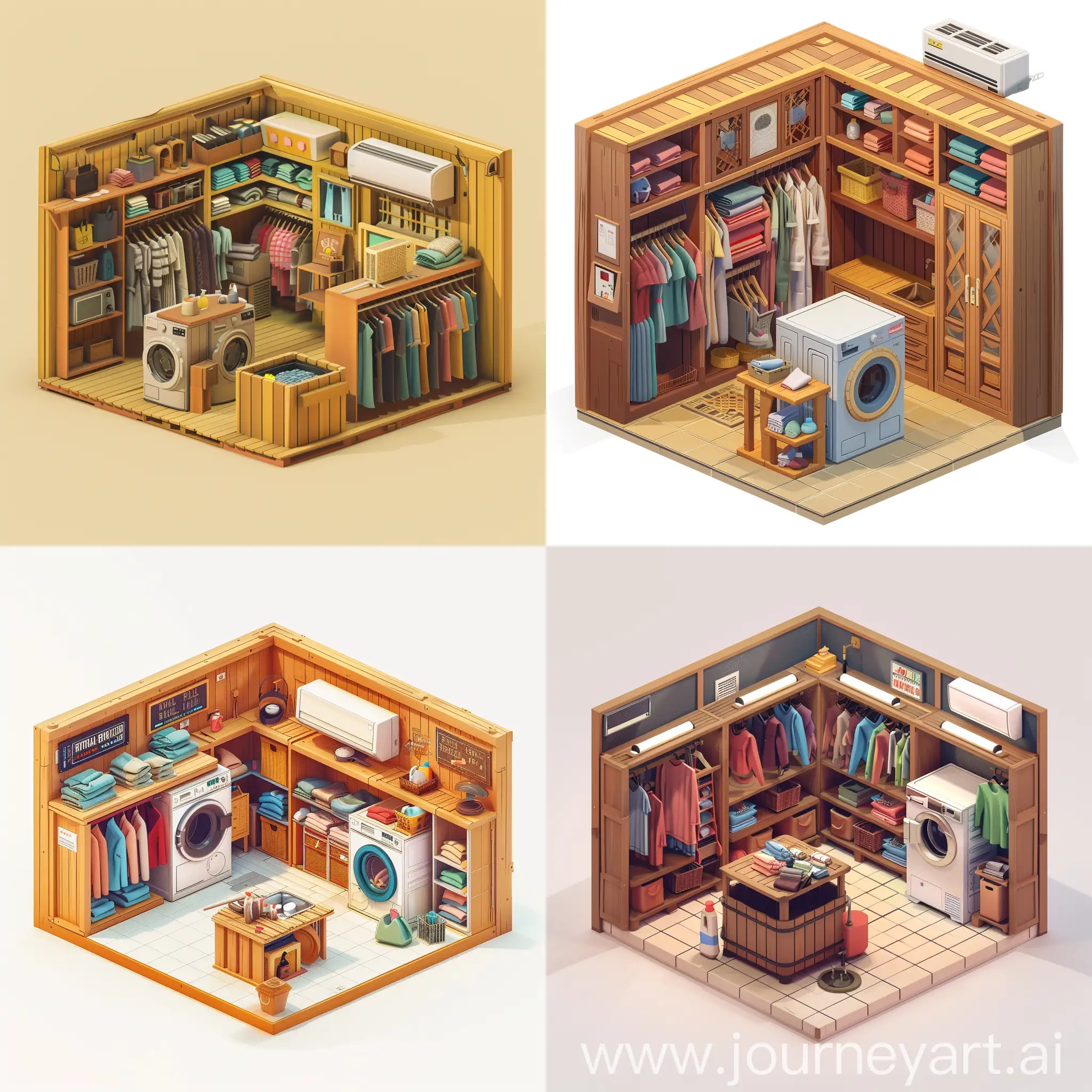 medium size, busy, vintage, interior, aesthetical, cozy, mid century, Scandinavian, wooden laundry shop. with well full of clothes, wardrobe and washing machine left, shelves, table at center, air conditioner at outside. isometric ,3d, game style on blank background. The model should be appropriate with a cube shape, quality in 4k
