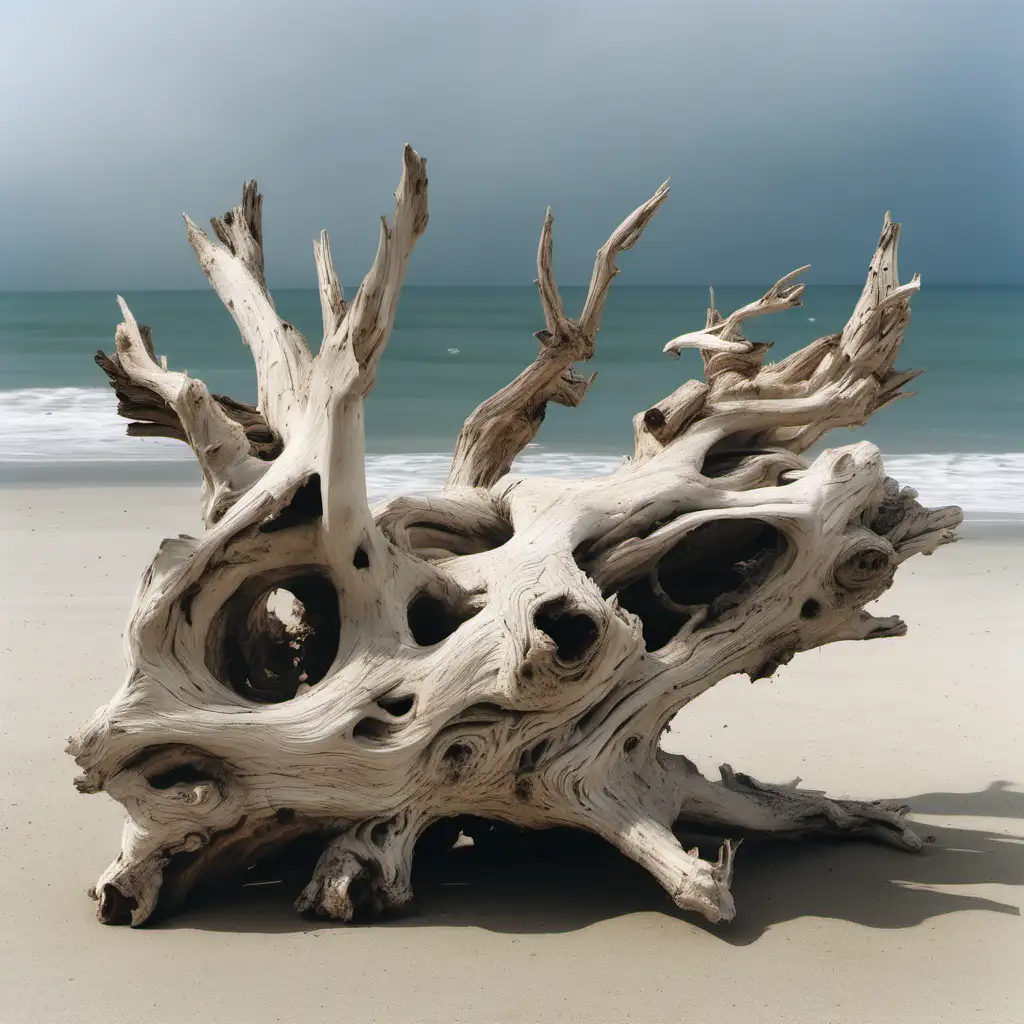Gnarled Bleached Driftwood on Sandy Beach