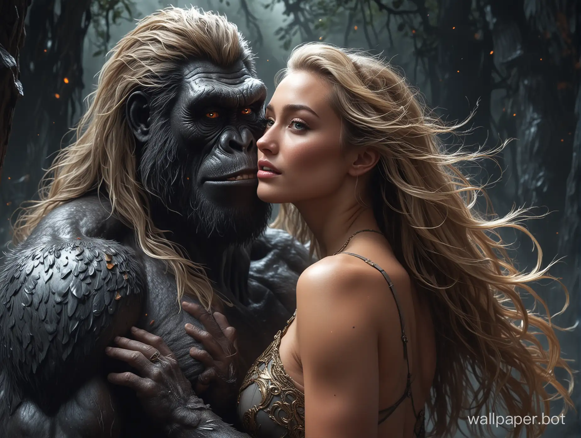 Pretty blonde woman (Hannah Davis), 24 years old, long hair, in the embrace of the great King Kong, dendritic agate, closeness, Digital painting by Artgerm, dramatic lighting, ultra-clear 12k resolution, artwork by Boris Vallejo, Frank Frazetta , dark fantasy, tangle, intricate, haunted, exalted, high quality, detailed, dynamic lighting, ominous, midnight, perspective, antimony, silk, ultra high quality model, masterpiece, sharp focus, depth of field, unreal engine, colors neon, fog, 12k,