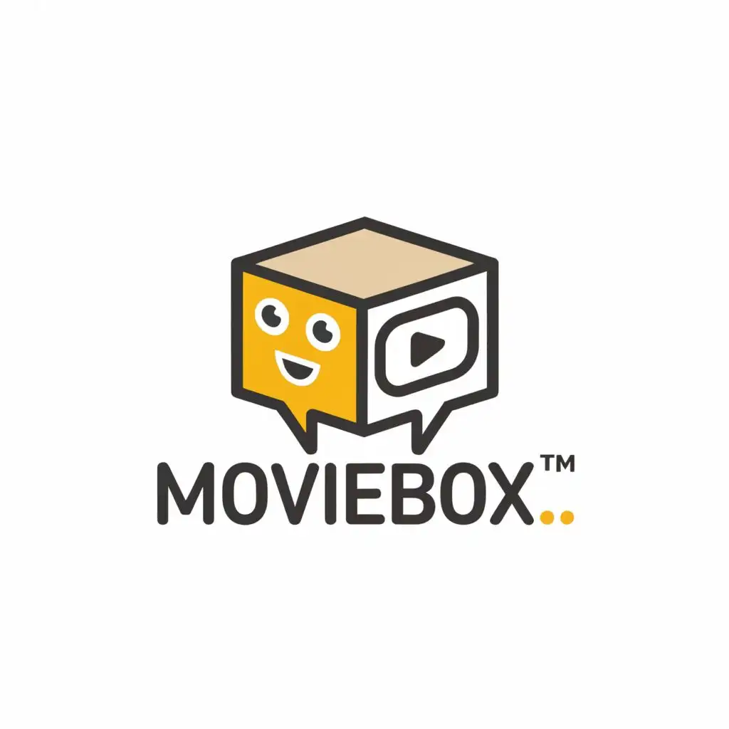 a logo design, with the text 'MovieBox', main symbol: a cardboard with video button on one side and smile on the other side, Moderate, clear background