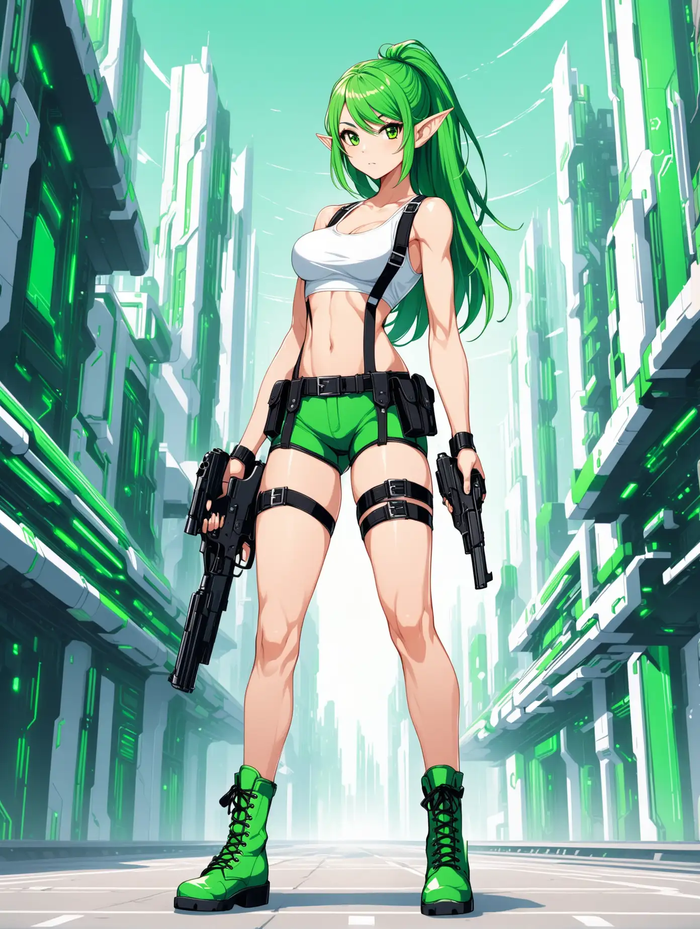 sexy fit 24 year old hero girl, side shave green hair, green eyes, elf ears, posing with handguns in futuristic town, super skinny toned body, short white tank top, sexy midriff, wearing suspenders, holsters on each thigh, combat boots, green black white 3 color minimal design