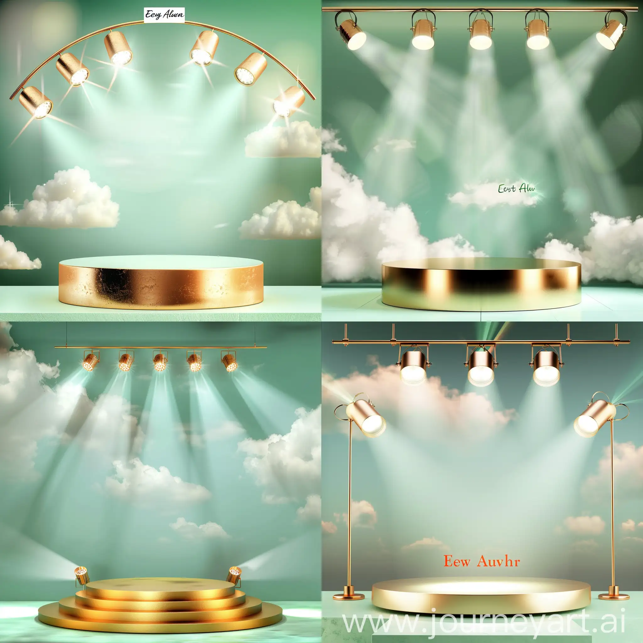 gold podium design with spotlights, mint green background with faded clouds, strobe lighting at top of podium, labelled with 'eyed from Angel' 