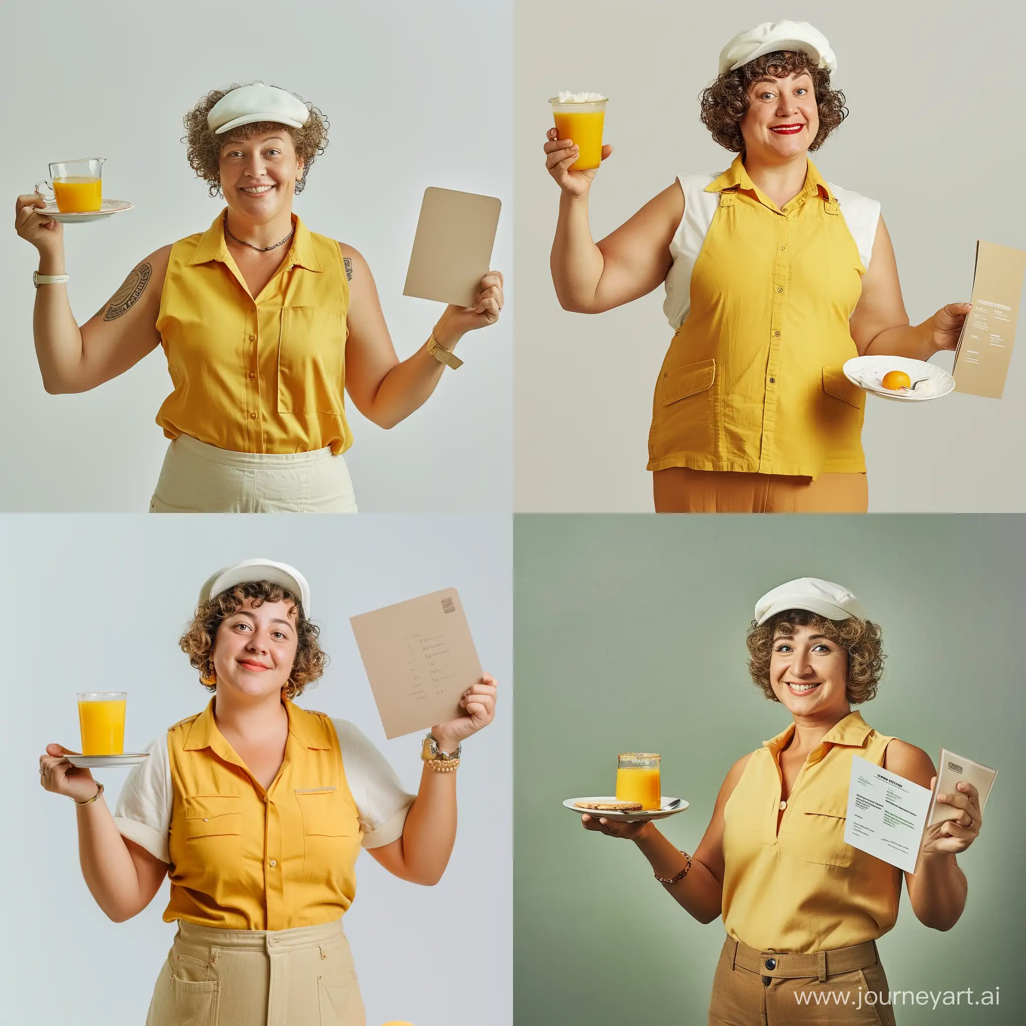 Una camarera de mediana edad gorda muy simpática y sonriente sostiene con un brazo en alto un plato pequeño con un vaso con zumo de naranja, en la otra mano sujeta una carta de cafetería, pelo corto rizado con cofia blanca, camisa sin mangas amarilla, vista de dron