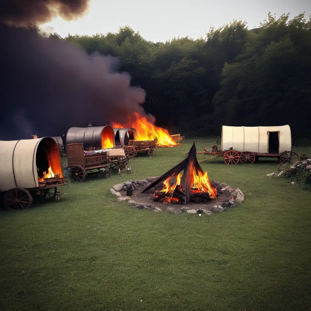 Gypsy Campfire Scene with Colorful Wagons