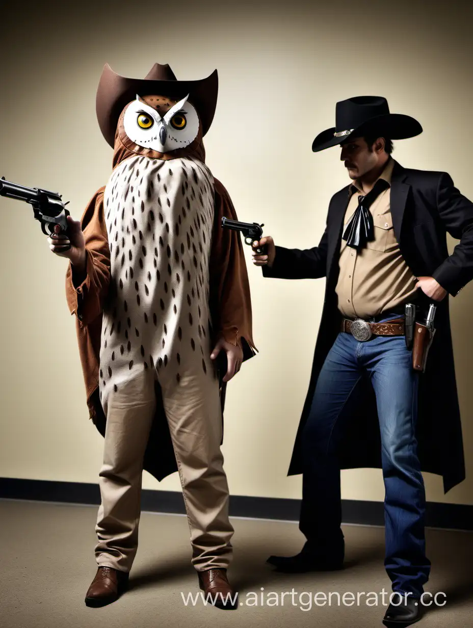 человек в костюме совы в ковбойской шляпе и револьвером в руках смотрит на лежачего преступника.