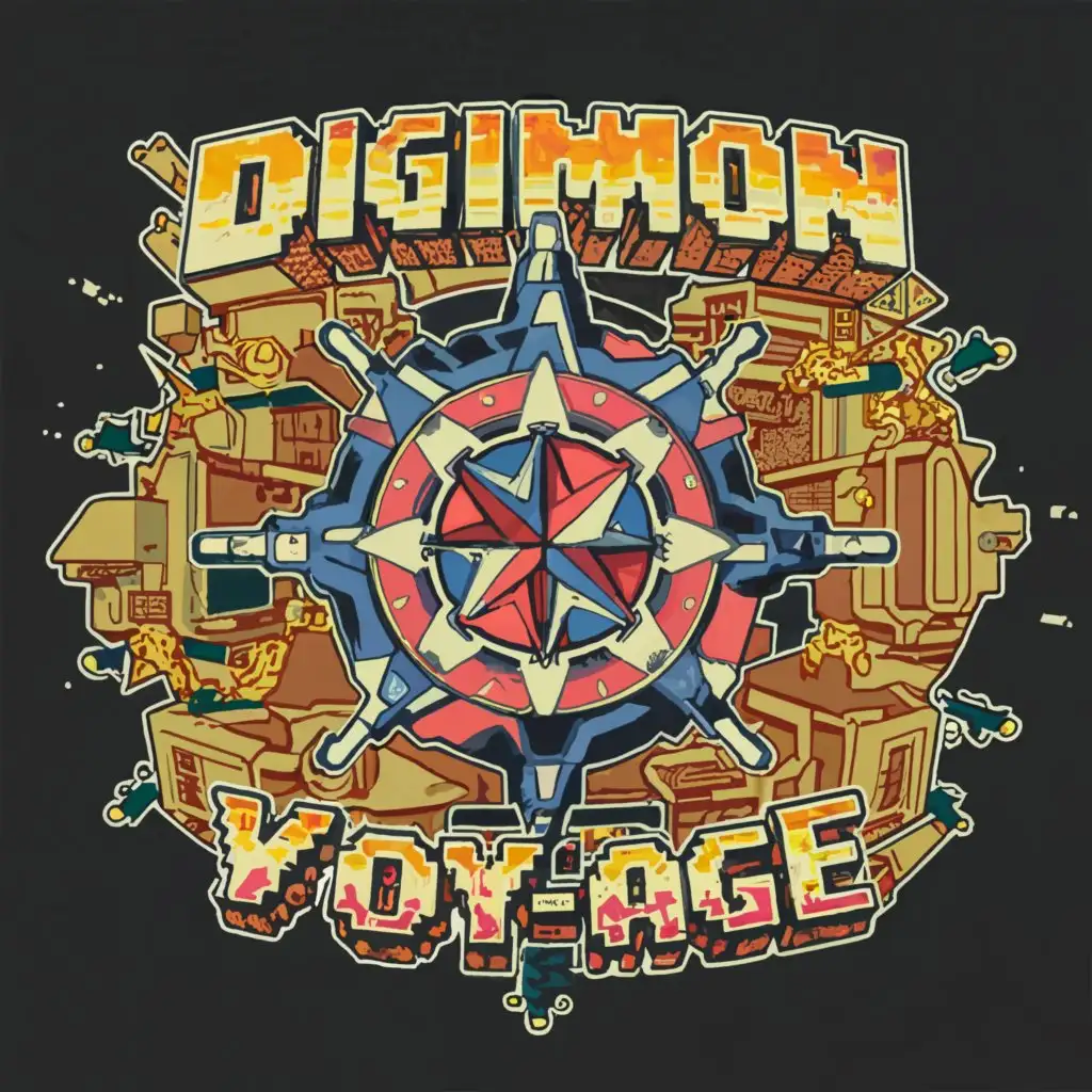a logo design, with the text 'Digimon voyage', main symbol: A ships steering wheel. Compass as the O in the text. Based on Digimon logo. use a blocky style for the letters. Make the word Digimon above the word Voyage. use vibrant shades of colours but not to much colours.   