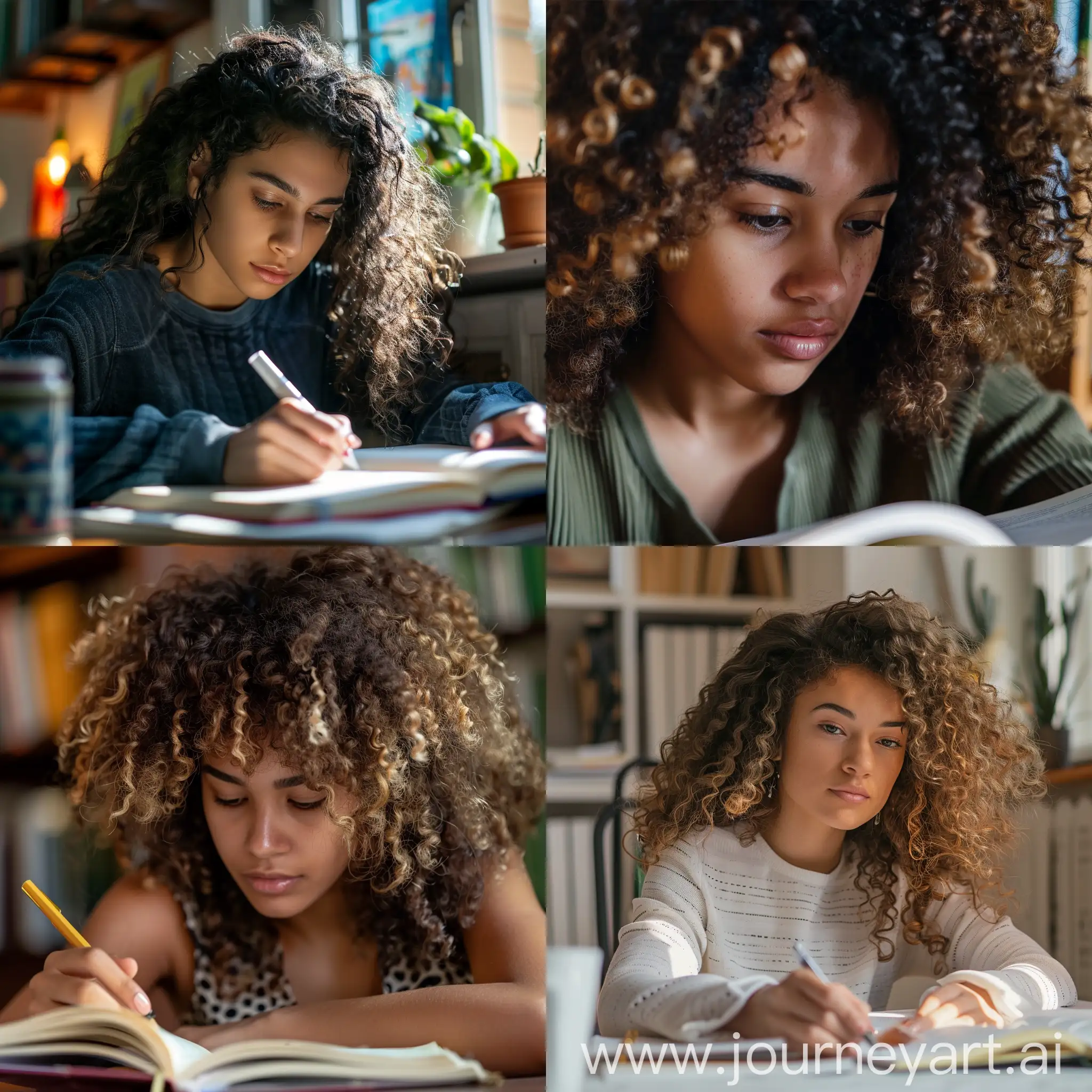 A girl in curly hair studying 