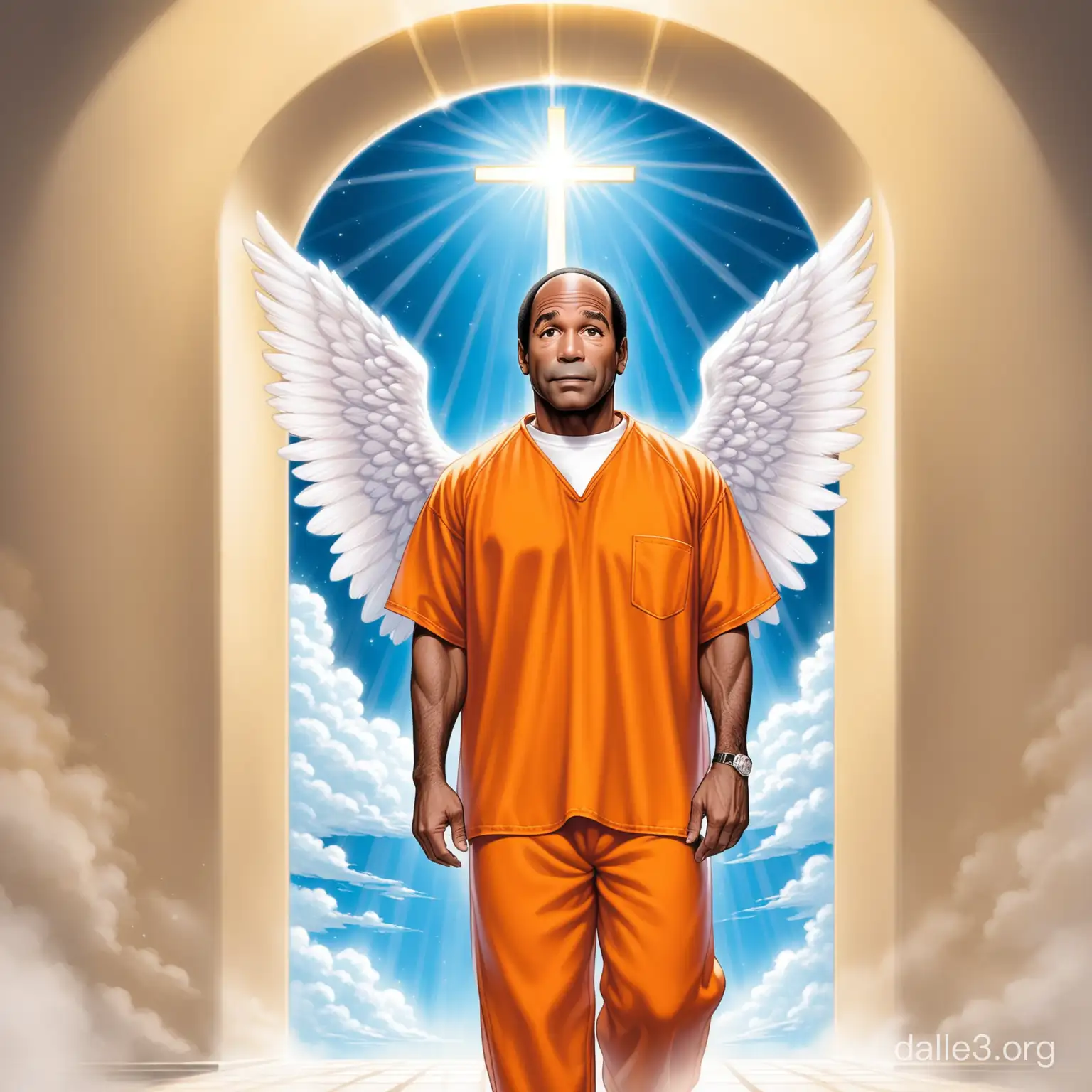 OJ Simpson dressed in prison clothes with angel wings at the pearly gates of heaven.